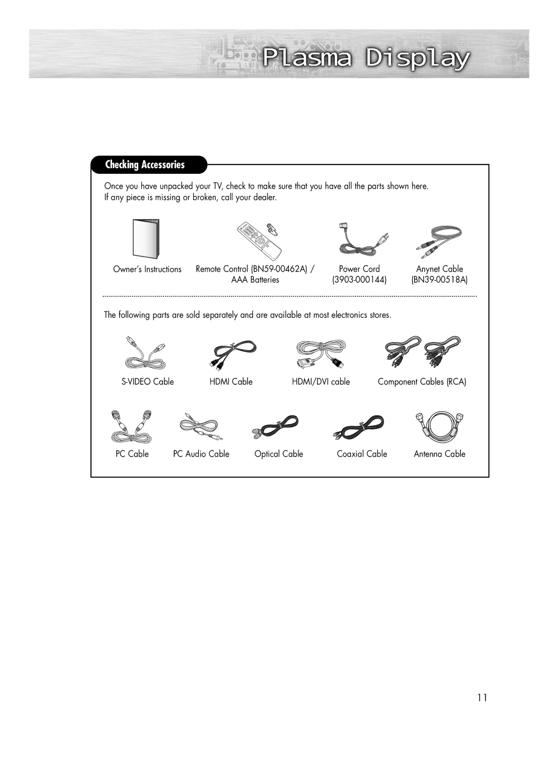 Samsung SP-R4232 manual 3903-000144, PC Cable PC Audio Cable Optical Cable Coaxial Cable 