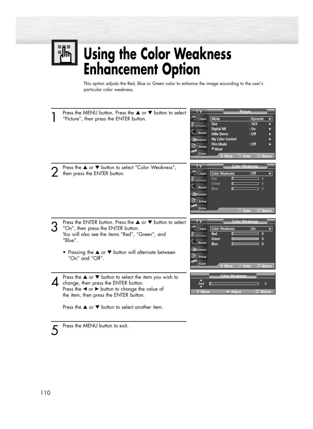 Samsung SP-R4232 manual Using the Color Weakness Enhancement Option 