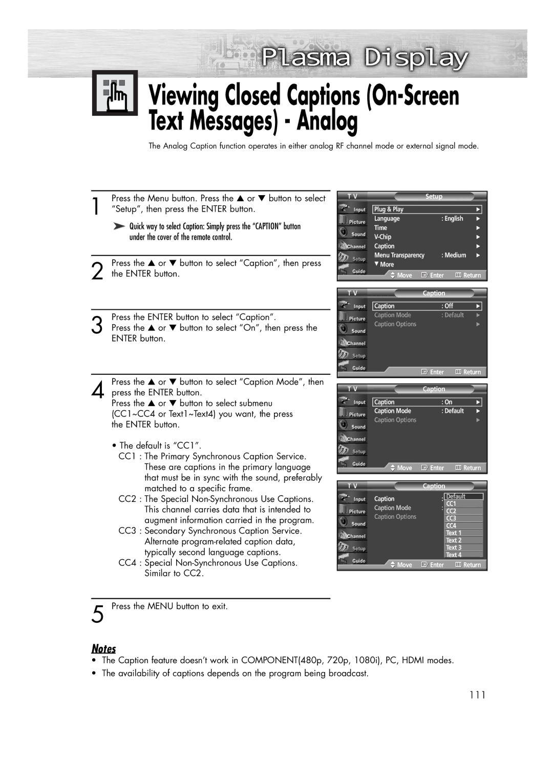 Samsung SP-R4232 manual Viewing Closed Captions On-Screen Text Messages Analog 