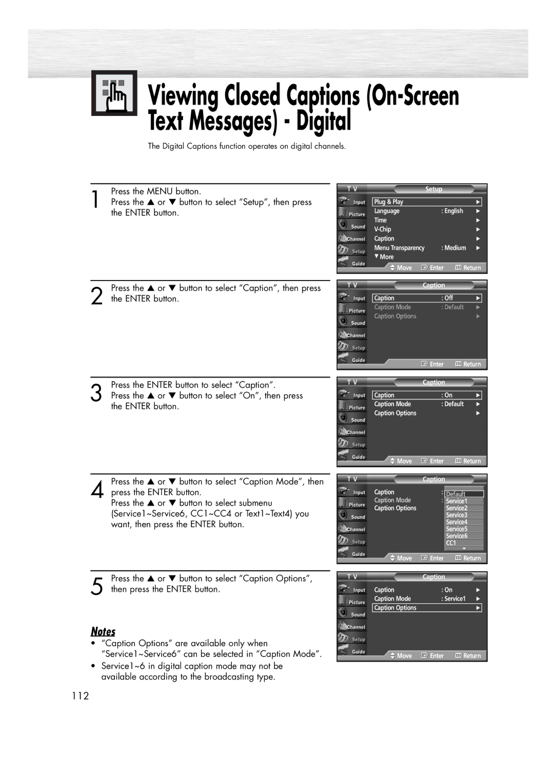 Samsung SP-R4232 manual Viewing Closed Captions On-Screen Text Messages Digital 