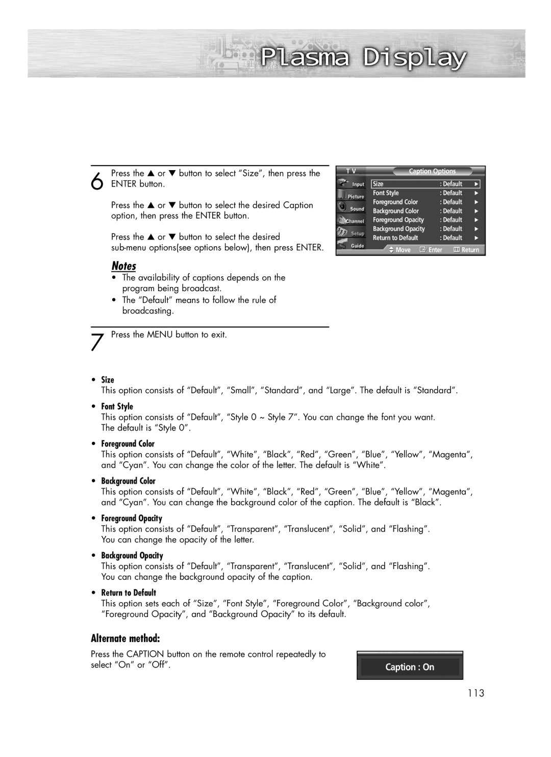 Samsung SP-R4232 manual Caption On 