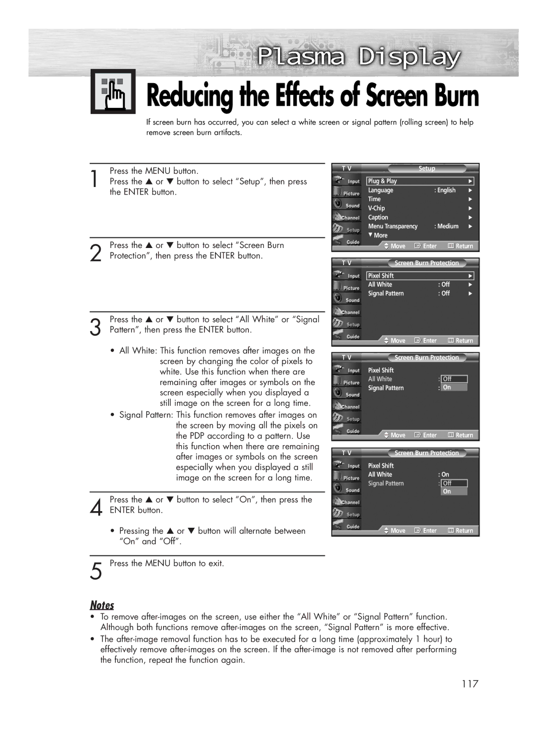 Samsung SP-R4232 manual Reducing the Effects of Screen Burn 