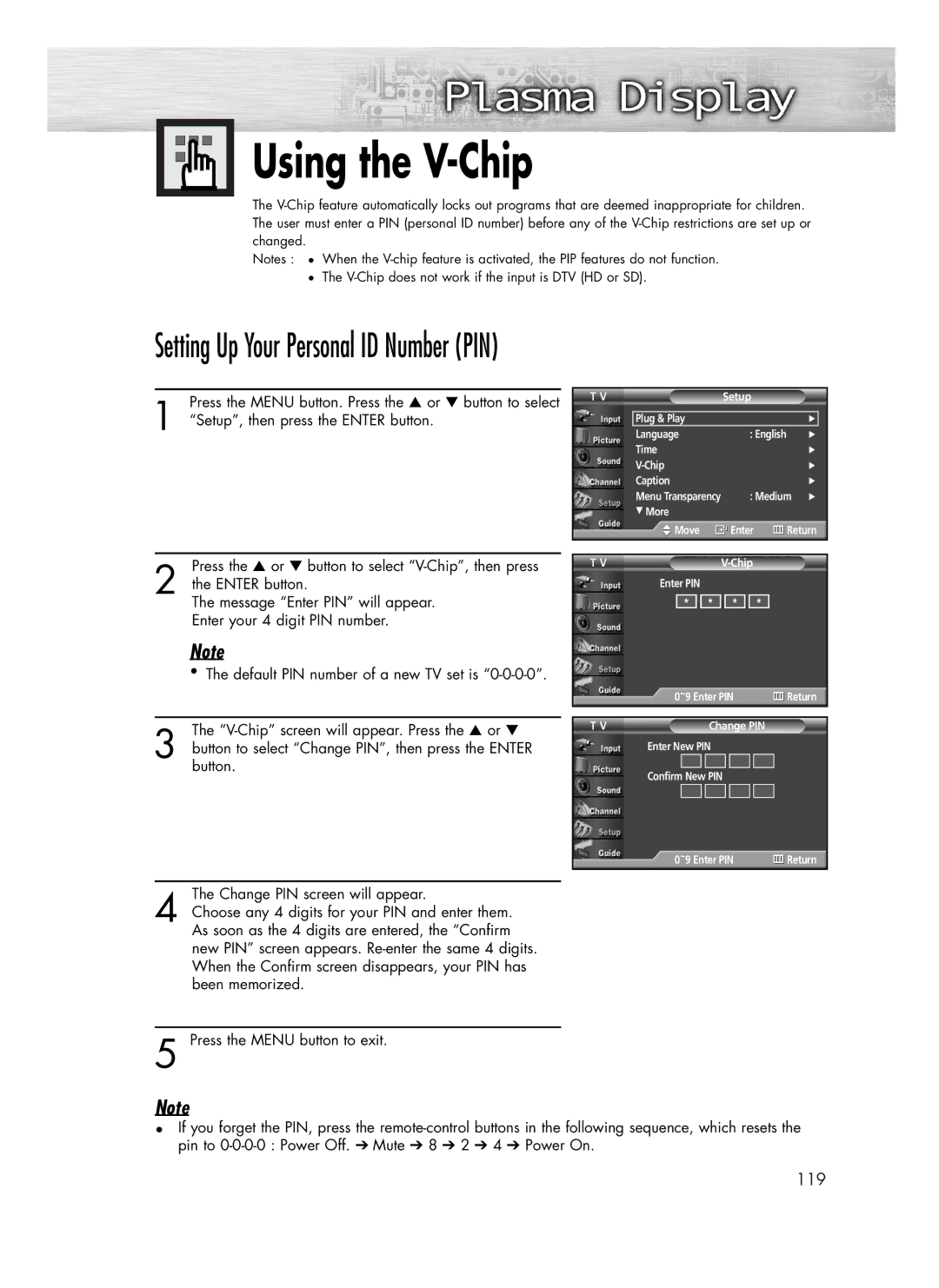 Samsung SP-R4232 manual Using the V-Chip, Setting Up Your Personal ID Number PIN 