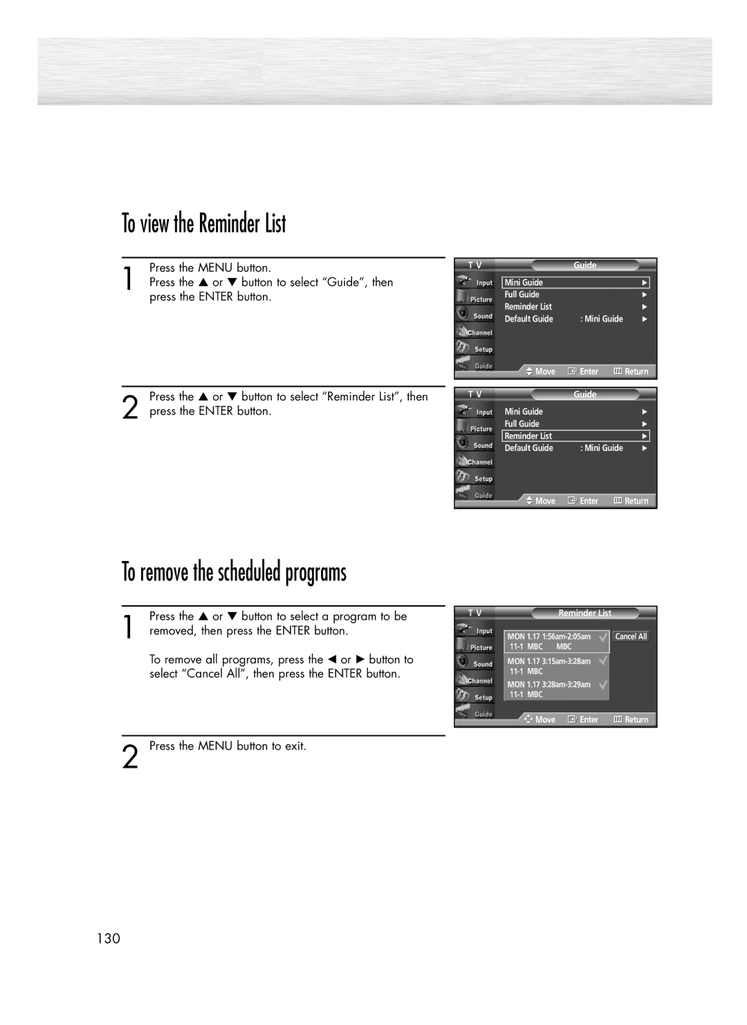 Samsung SP-R4232 manual To view the Reminder List, To remove the scheduled programs 