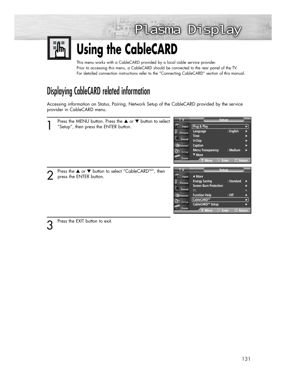 Samsung SP-R4232 manual Using the CableCARD, Displaying CableCARD related information 