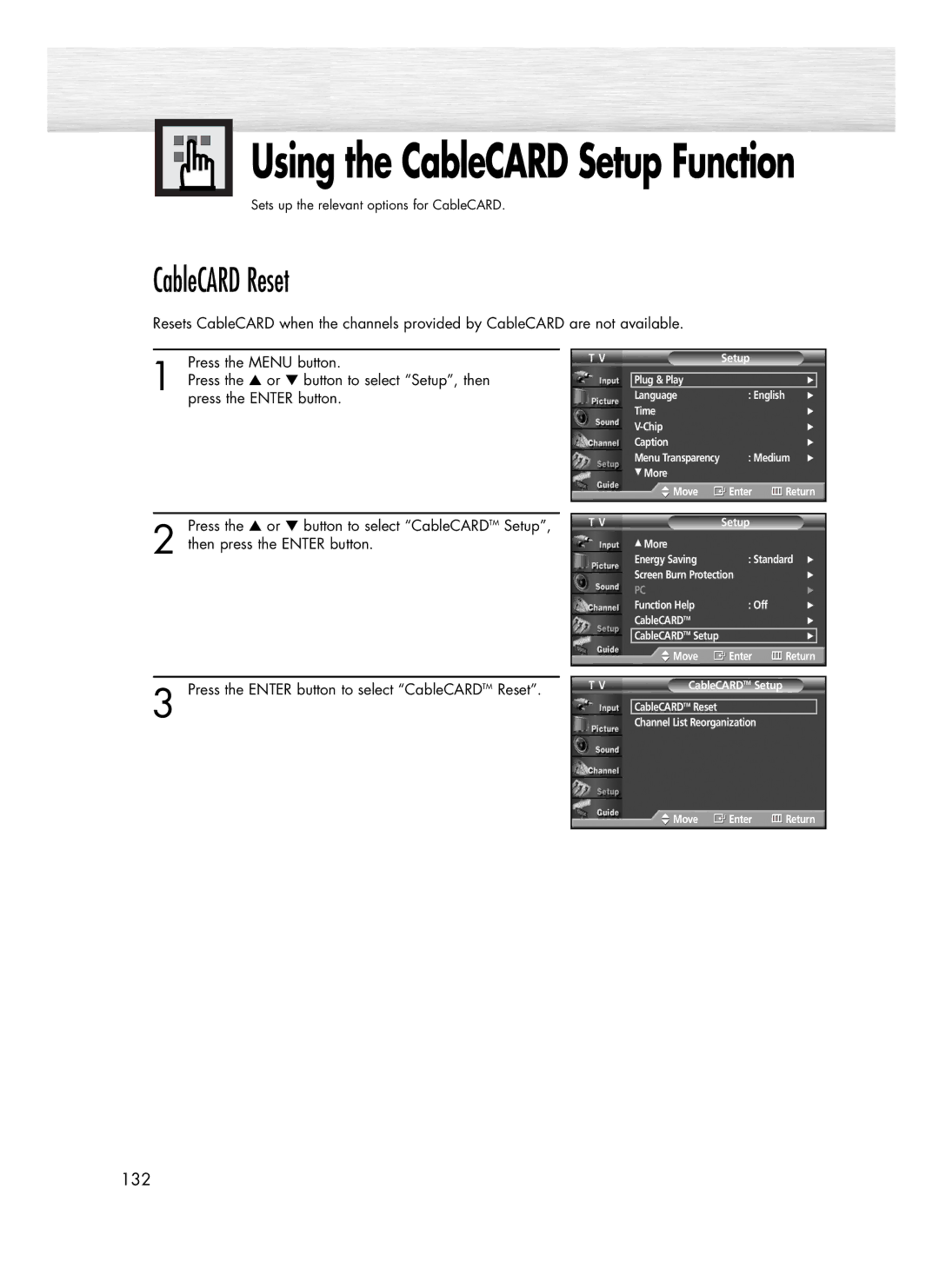 Samsung SP-R4232 manual Using the CableCARD Setup Function, CableCARD Reset 