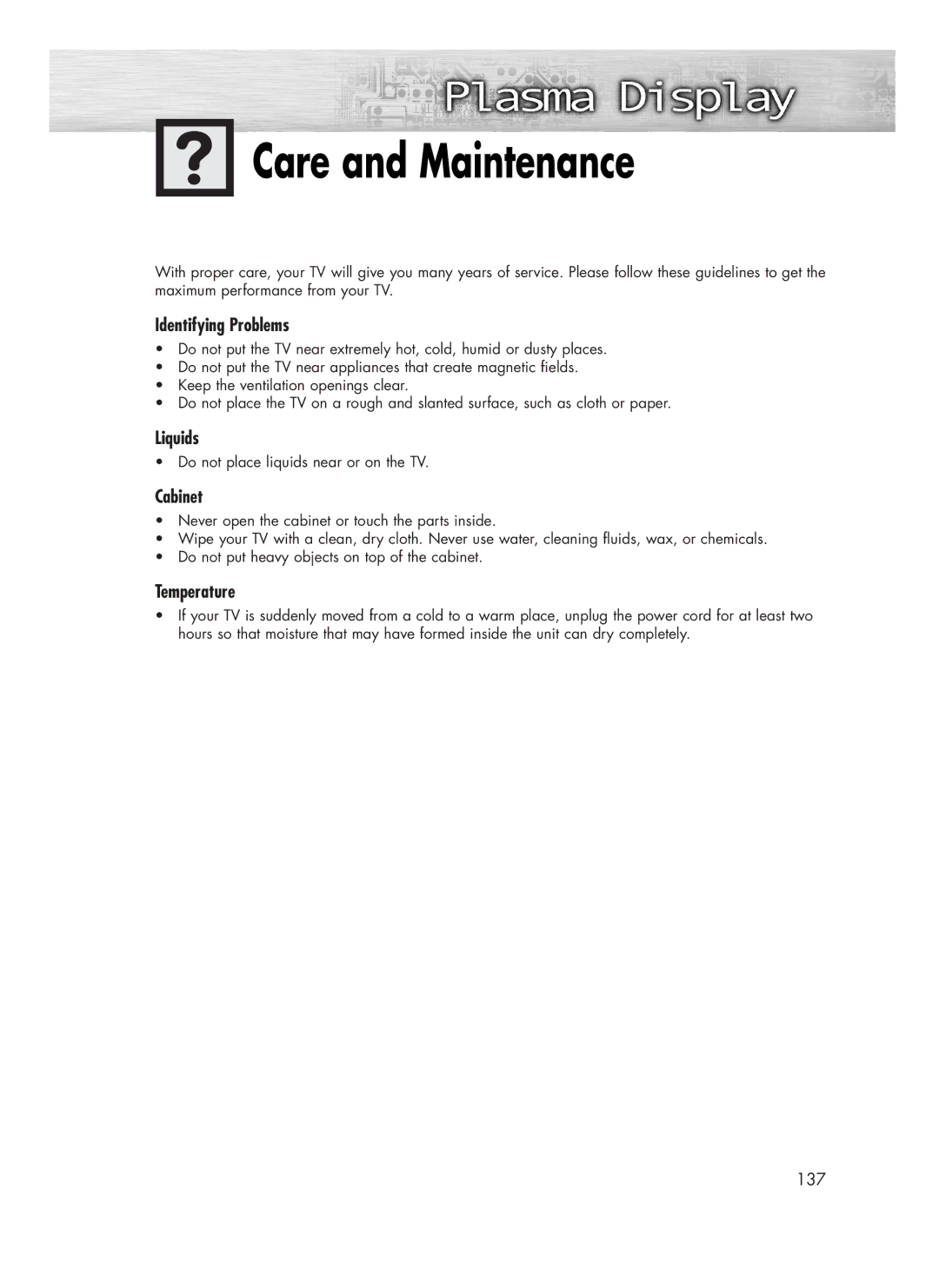 Samsung SP-R4232 manual Care and Maintenance, Identifying Problems, Liquids, Cabinet, Temperature 