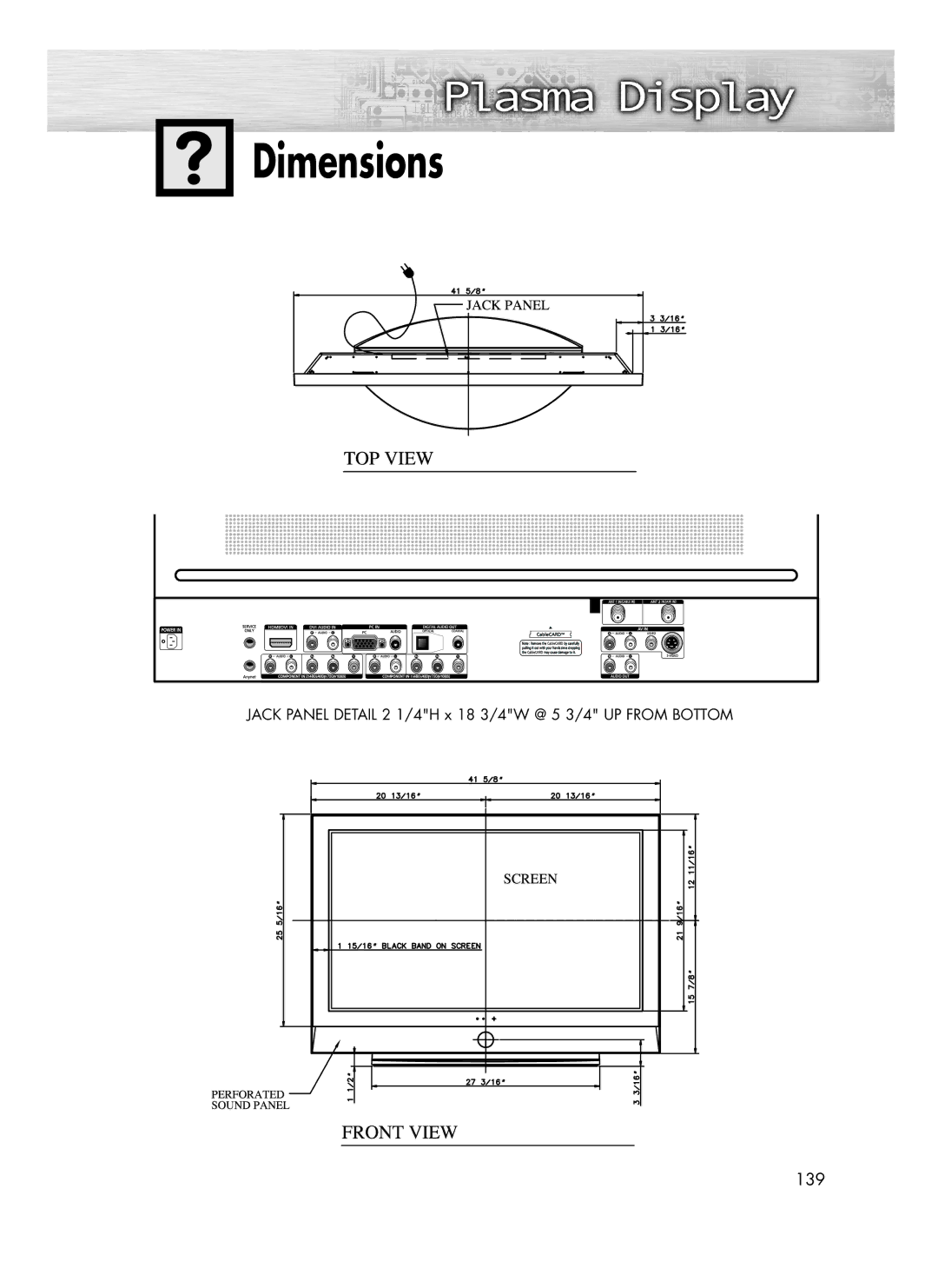 Samsung SP-R4232 manual Dimensions, Jack Panel Detail 2 1/4H x 18 3/4W @ 5 3/4 UP from Bottom 