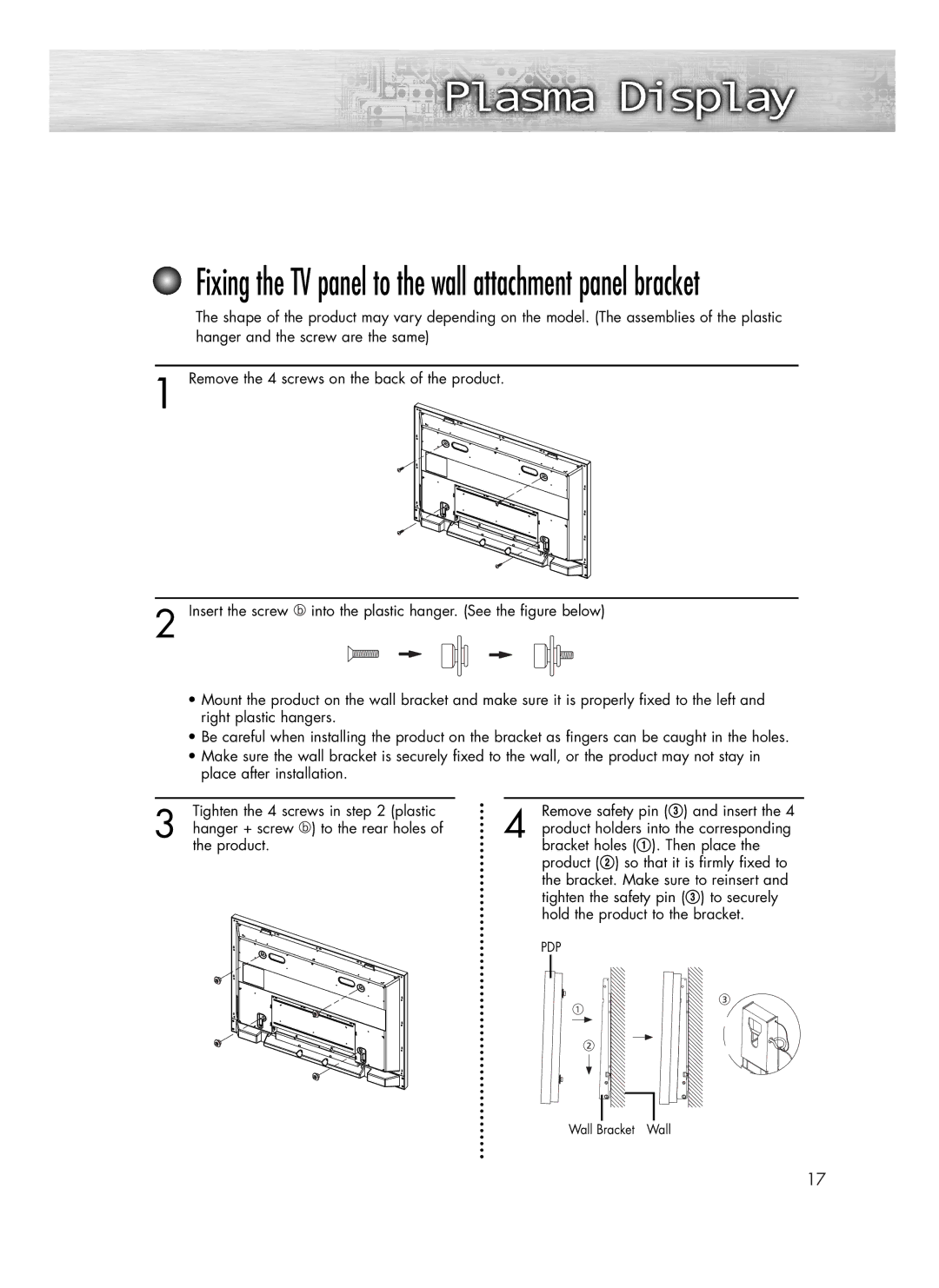 Samsung SP-R4232 manual Fixing the TV panel to the wall attachment panel bracket 