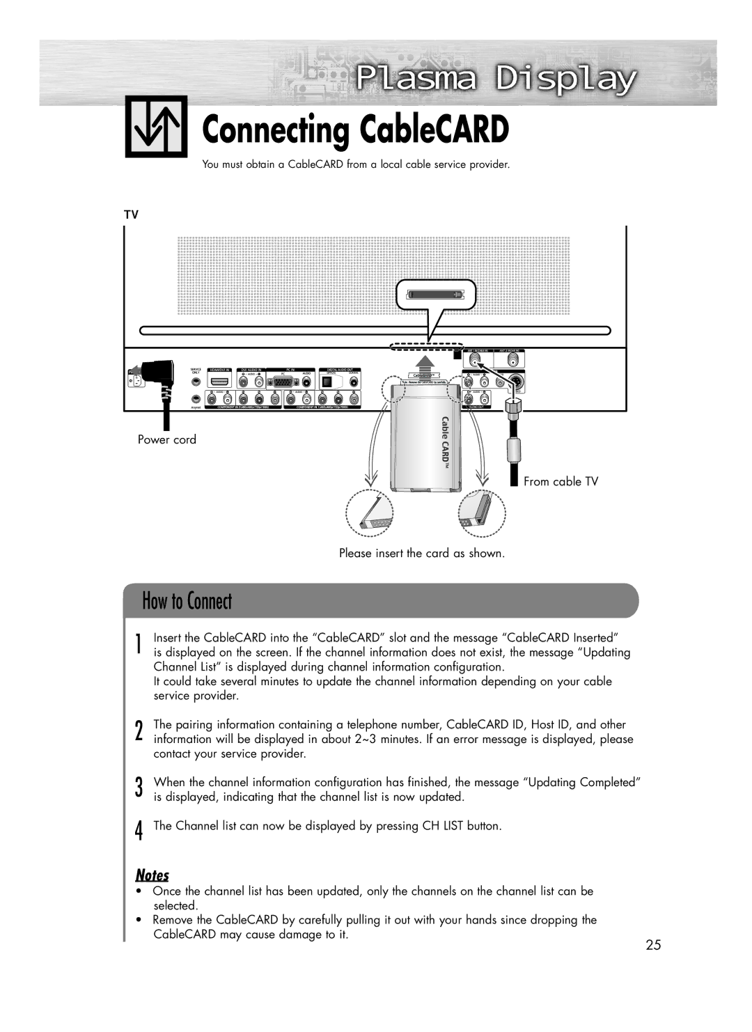 Samsung SP-R4232 manual Connecting CableCARD, Power cord From cable TV Please insert the card as shown, Service provider 