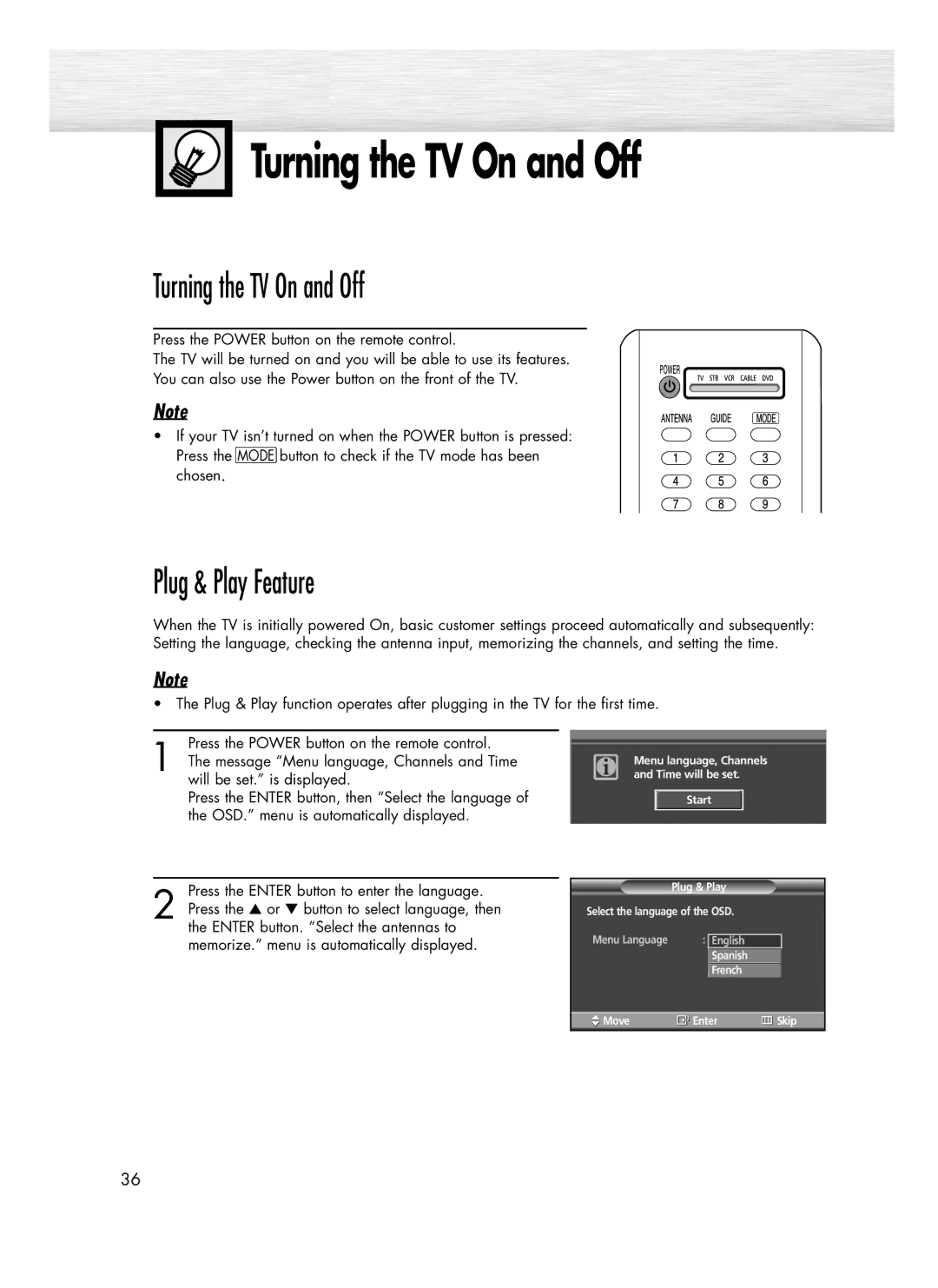 Samsung SP-R4232 manual Turning the TV On and Off, Plug & Play Feature 