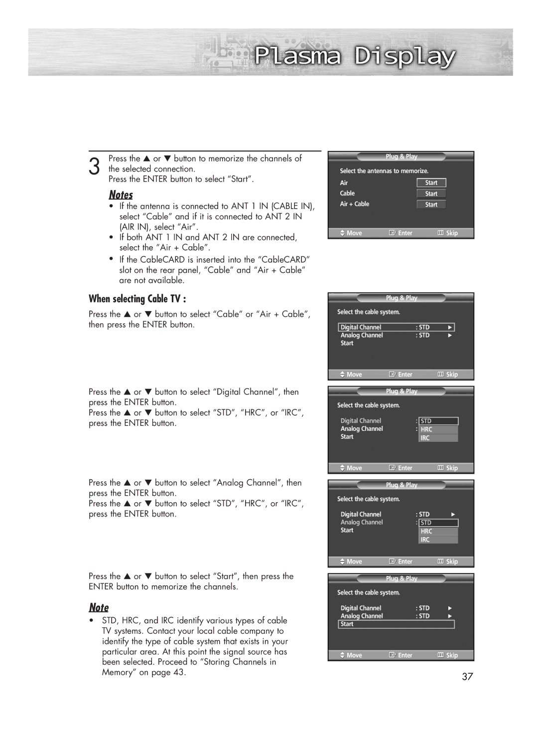 Samsung SP-R4232 manual When selecting Cable TV 