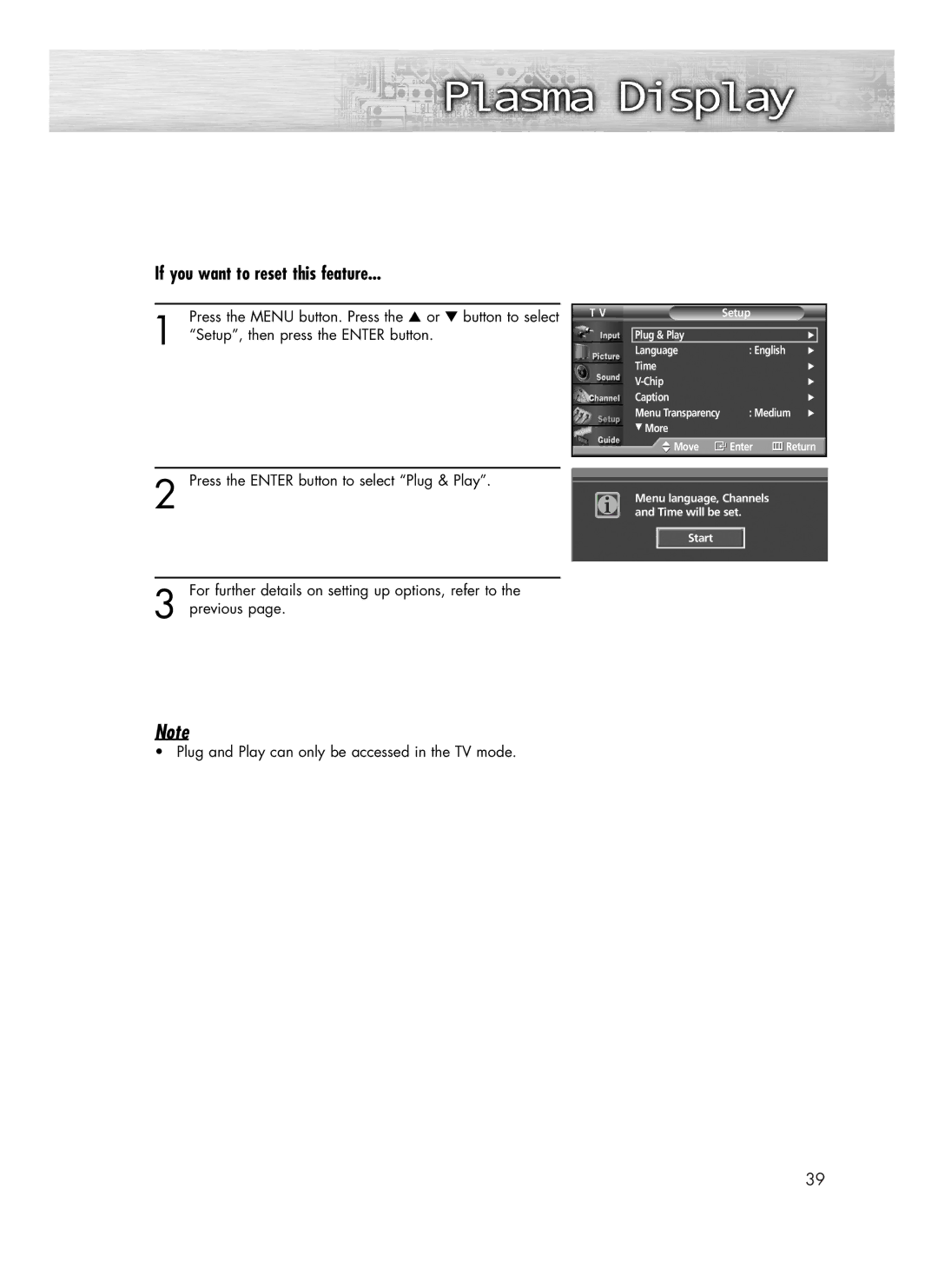 Samsung SP-R4232 manual If you want to reset this feature, Setup, then press the Enter button 