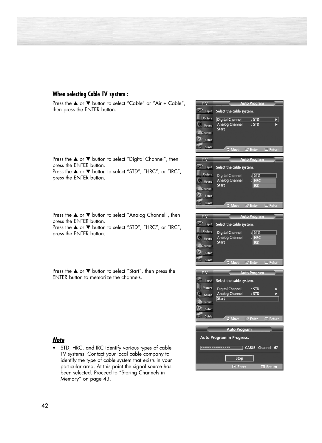 Samsung SP-R4232 manual When selecting Cable TV system 