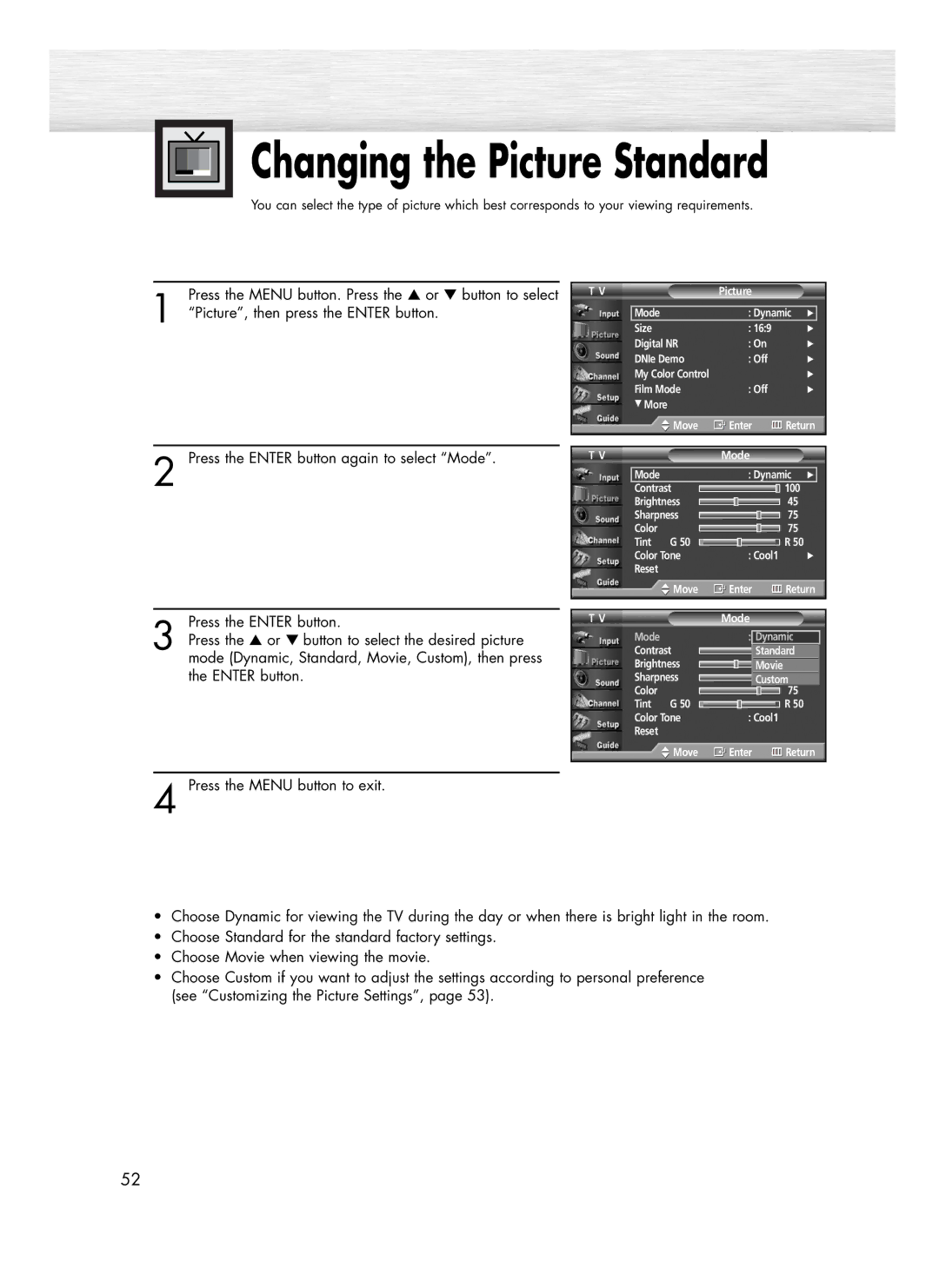 Samsung SP-R4232 manual Changing the Picture Standard 