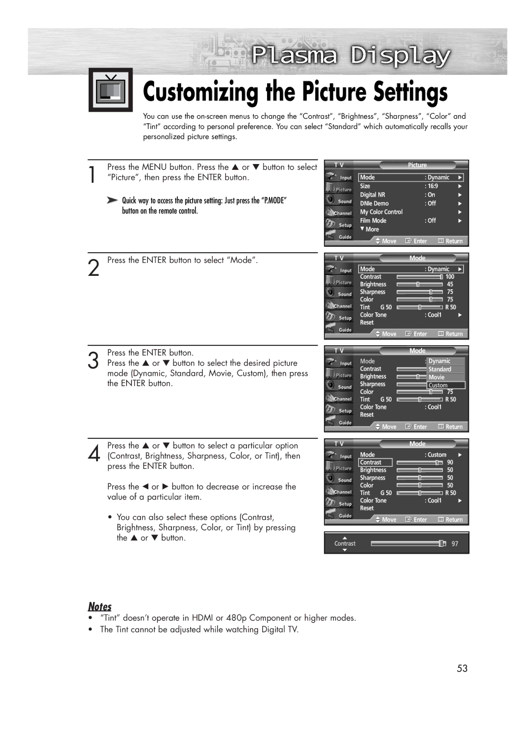 Samsung SP-R4232 manual Picture, then press the Enter button, Press the Enter button to select Mode, Or button 