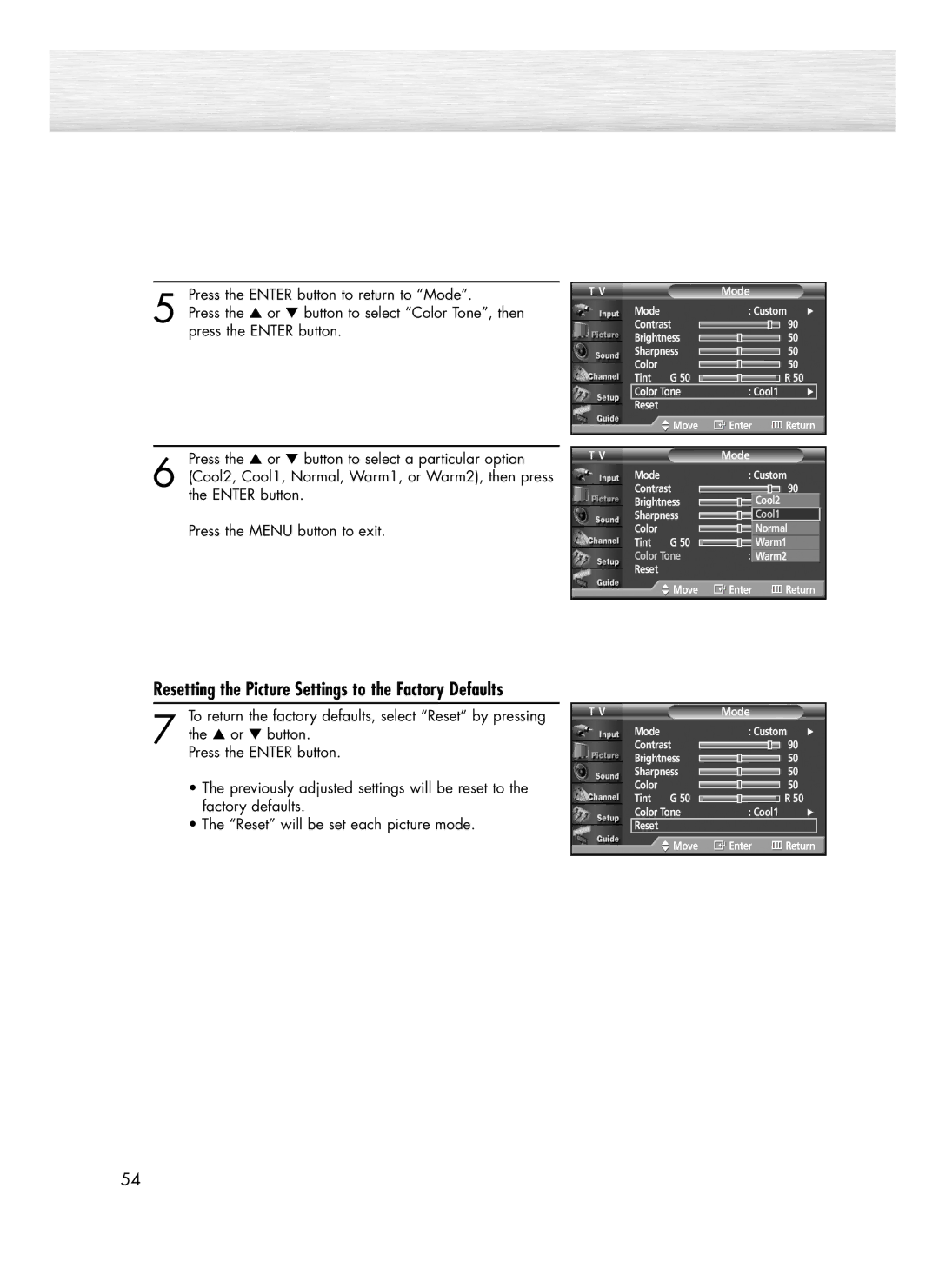 Samsung SP-R4232 manual Resetting the Picture Settings to the Factory Defaults 