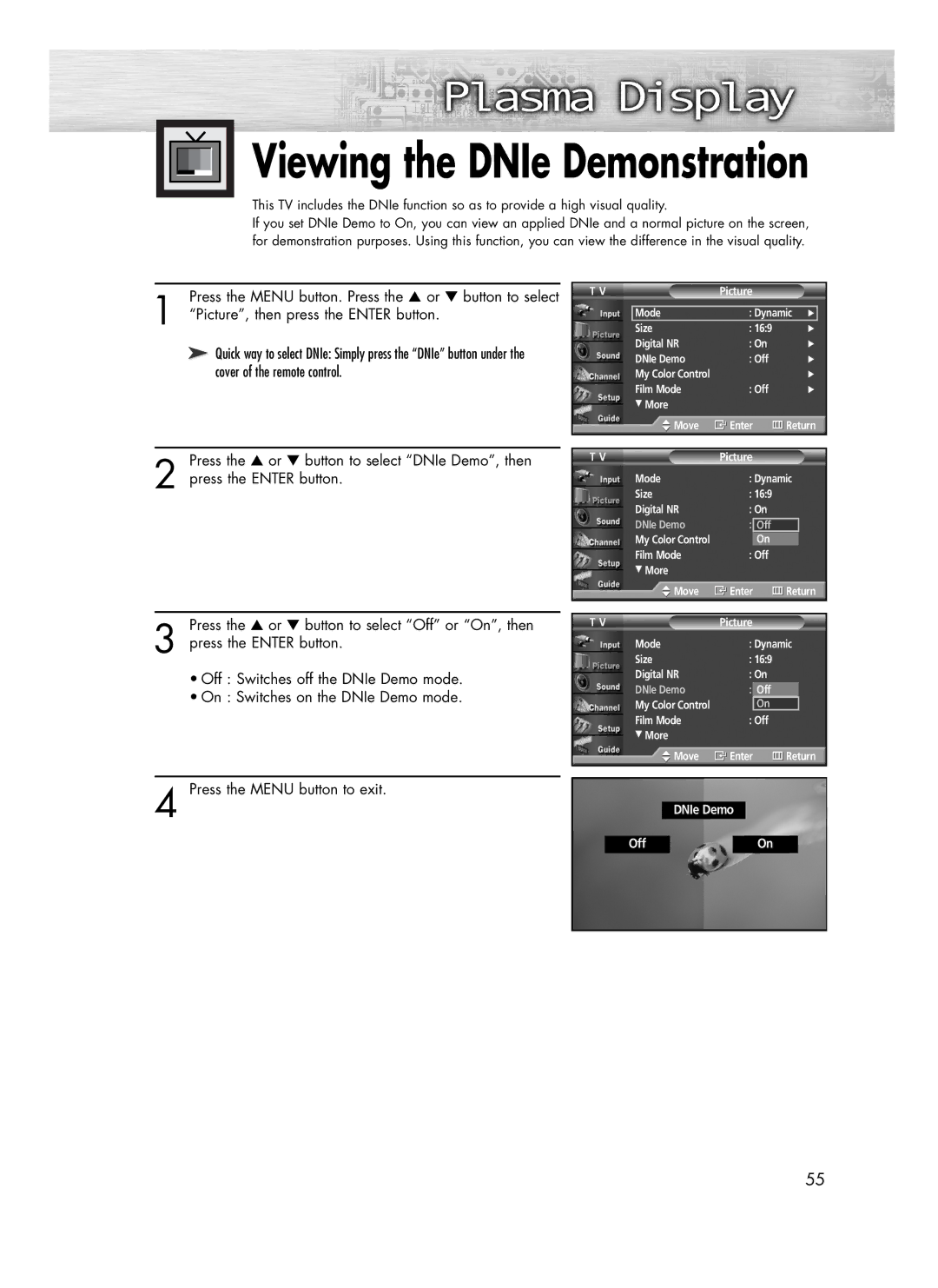 Samsung SP-R4232 manual Viewing the DNIe Demonstration 