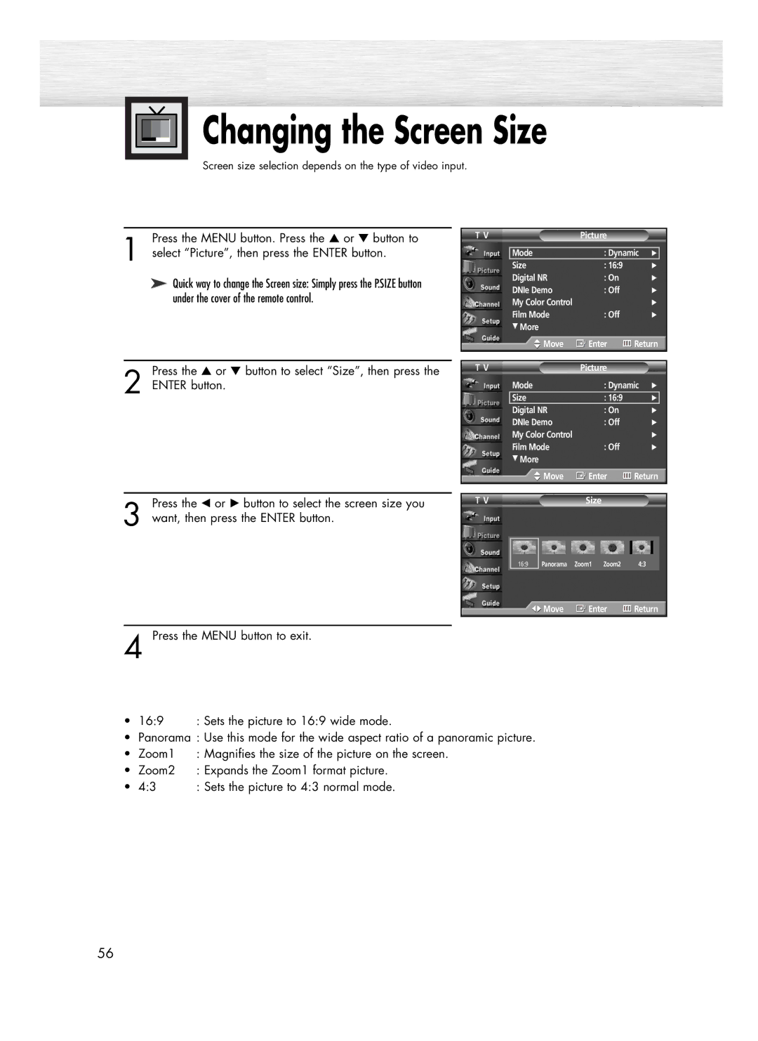 Samsung SP-R4232 manual Changing the Screen Size, Press the or button to select Size, then press Enter button 