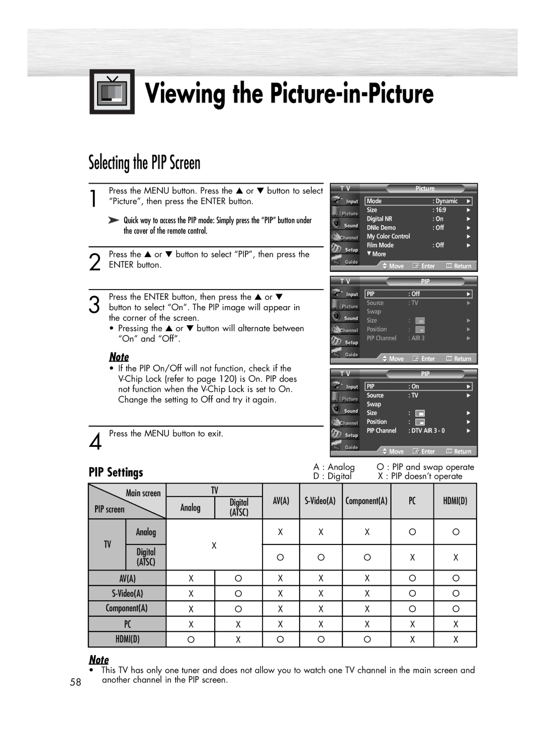 Samsung SP-R4232 manual Viewing the Picture-in-Picture, Selecting the PIP Screen 