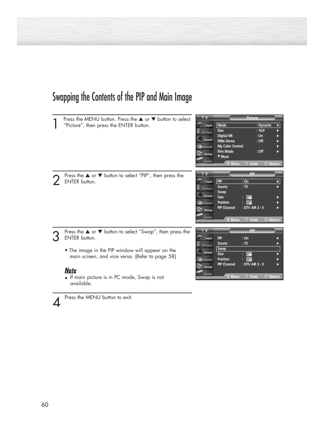 Samsung SP-R4232 manual Swapping the Contents of the PIP and Main Image 