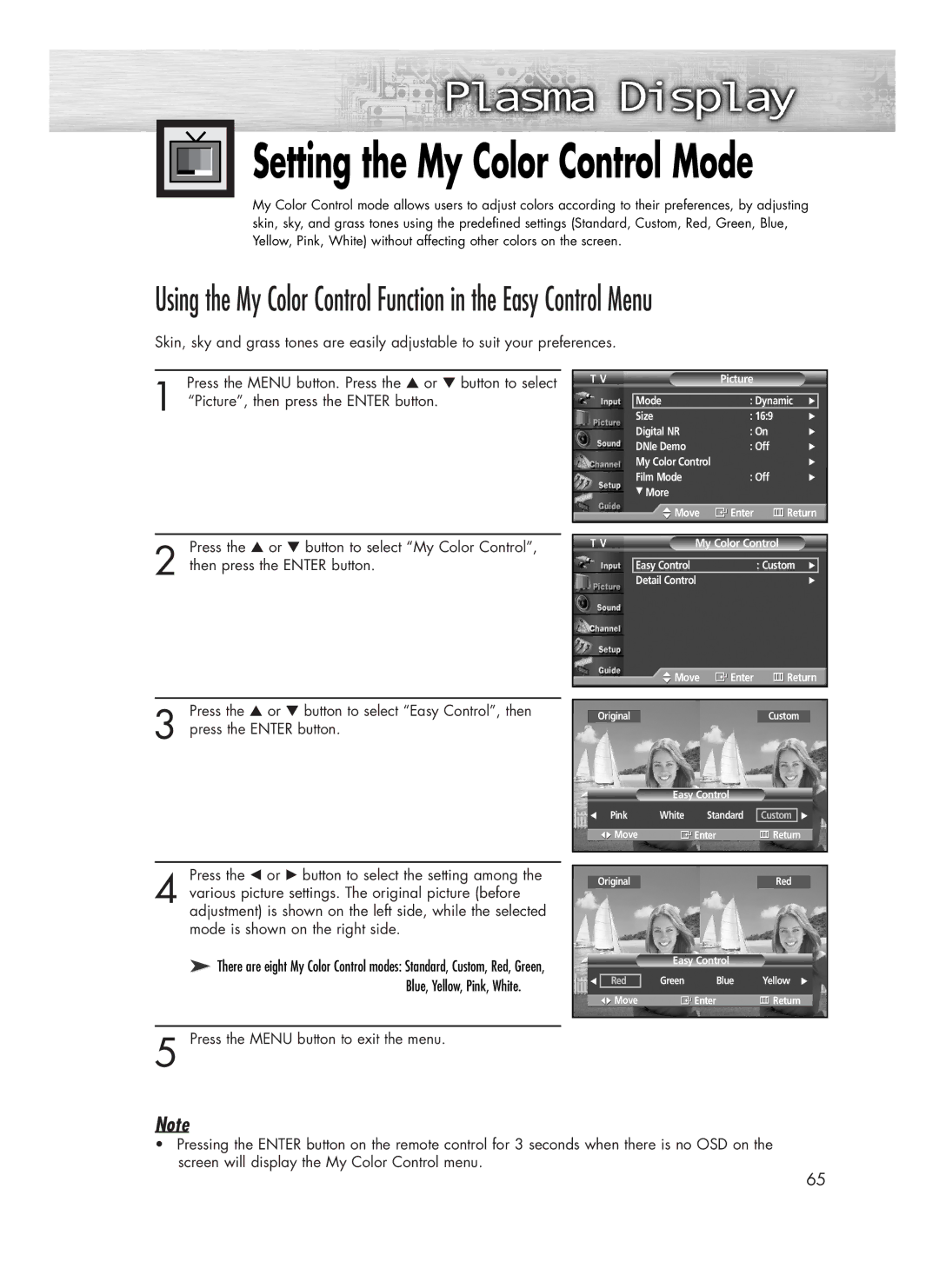 Samsung SP-R4232 manual Setting the My Color Control Mode, Press the Menu button to exit the menu 