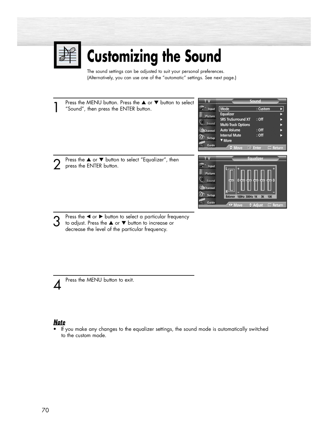 Samsung SP-R4232 manual Customizing the Sound, Sound, then press the Enter button 