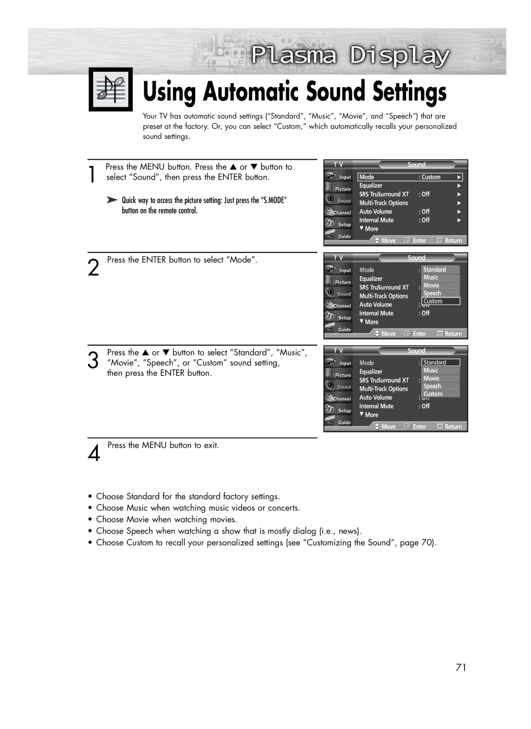 Samsung SP-R4232 manual Using Automatic Sound Settings 