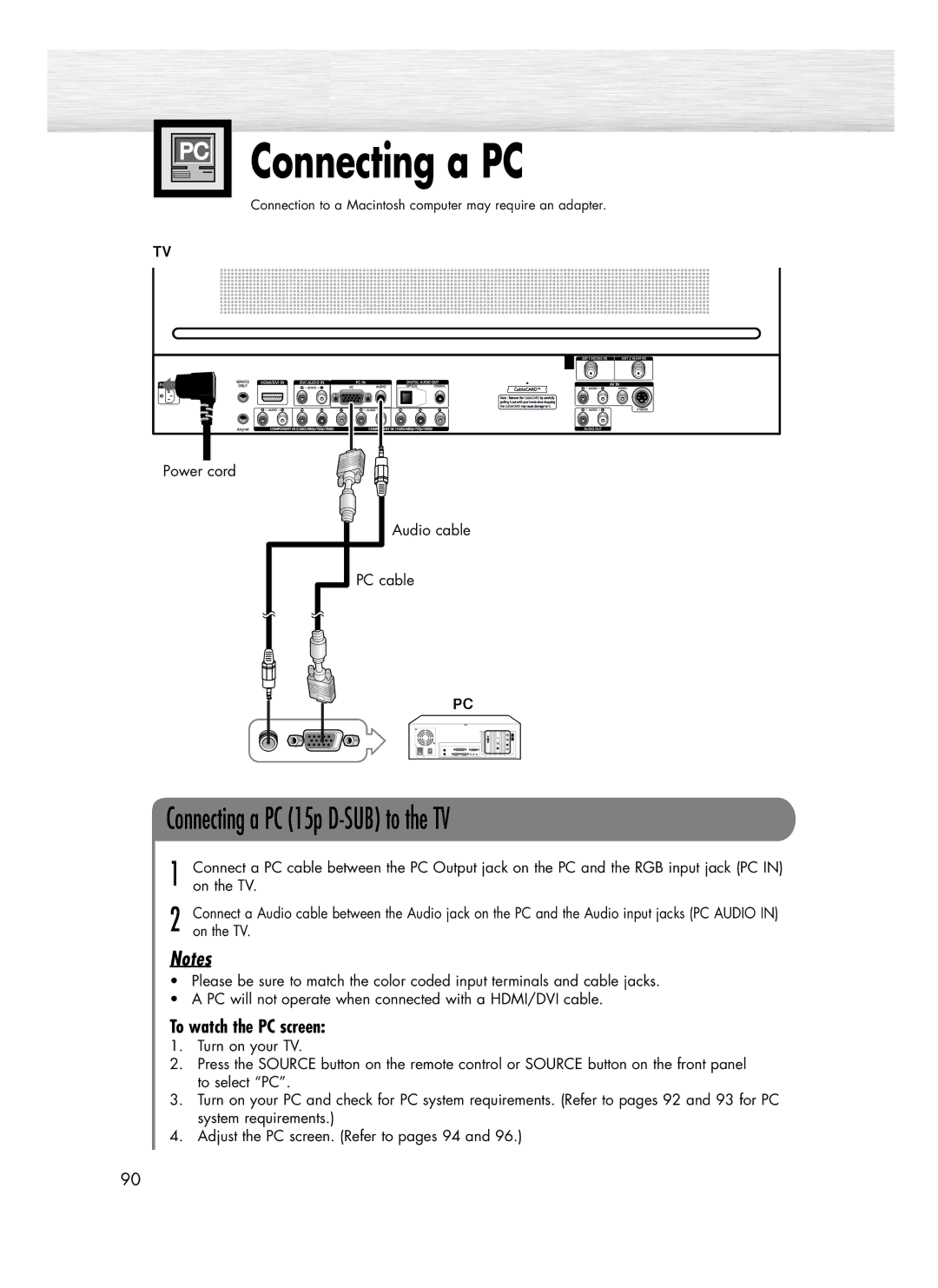 Samsung SP-R4232 manual Connecting a PC, To watch the PC screen, Power cord Audio cable PC cable 