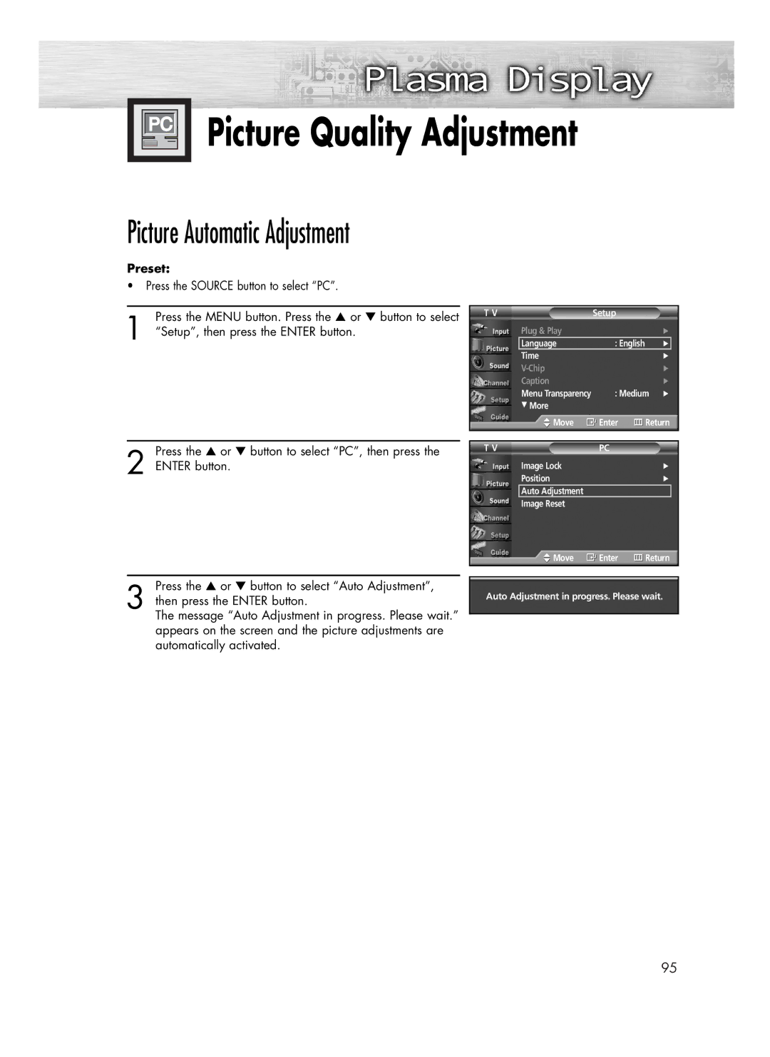 Samsung SP-R4232 manual Picture Quality Adjustment, Picture Automatic Adjustment 