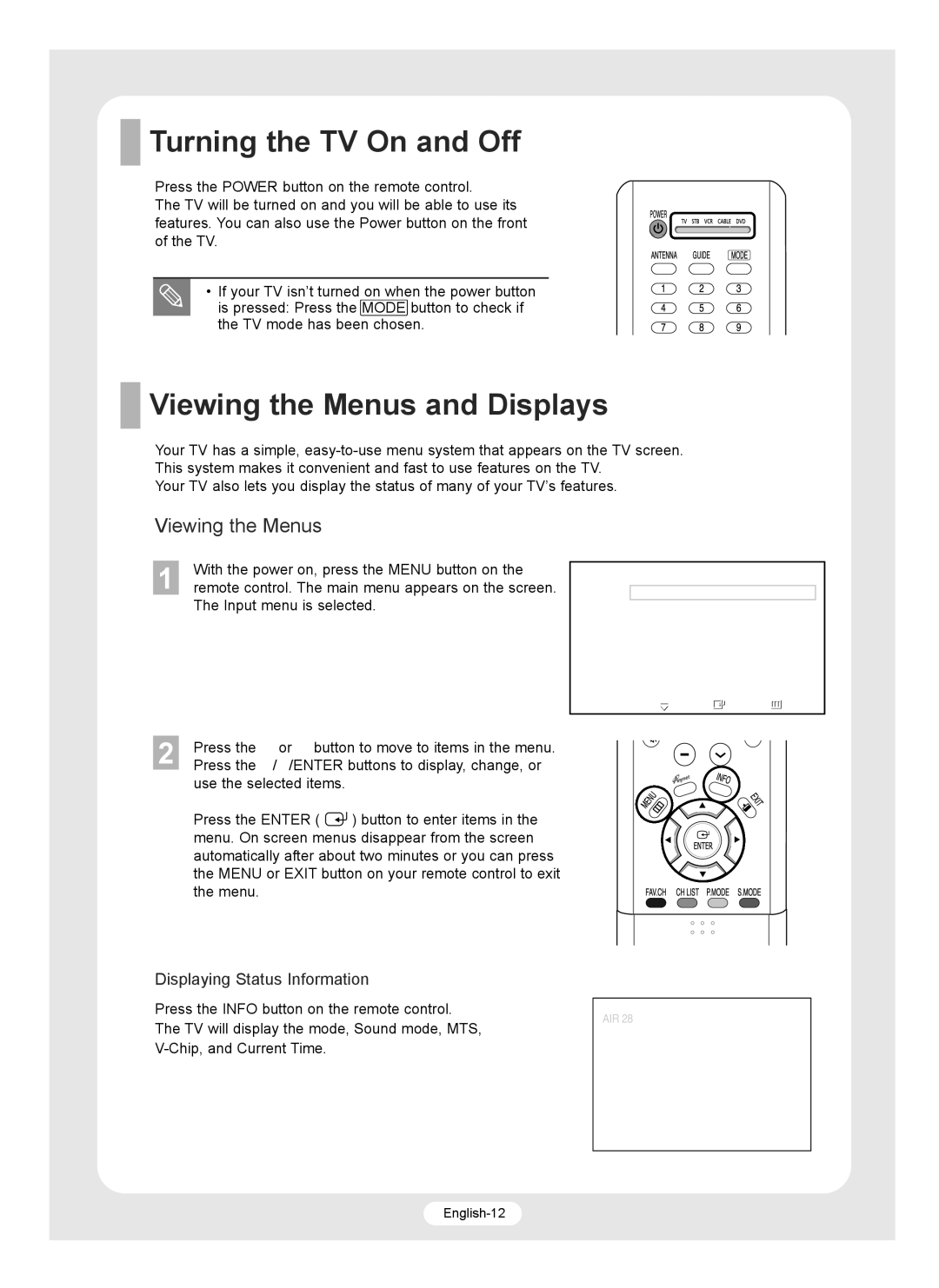 Samsung SP-R4232 manual Turning the TV On and Off, Viewing the Menus and Displays 