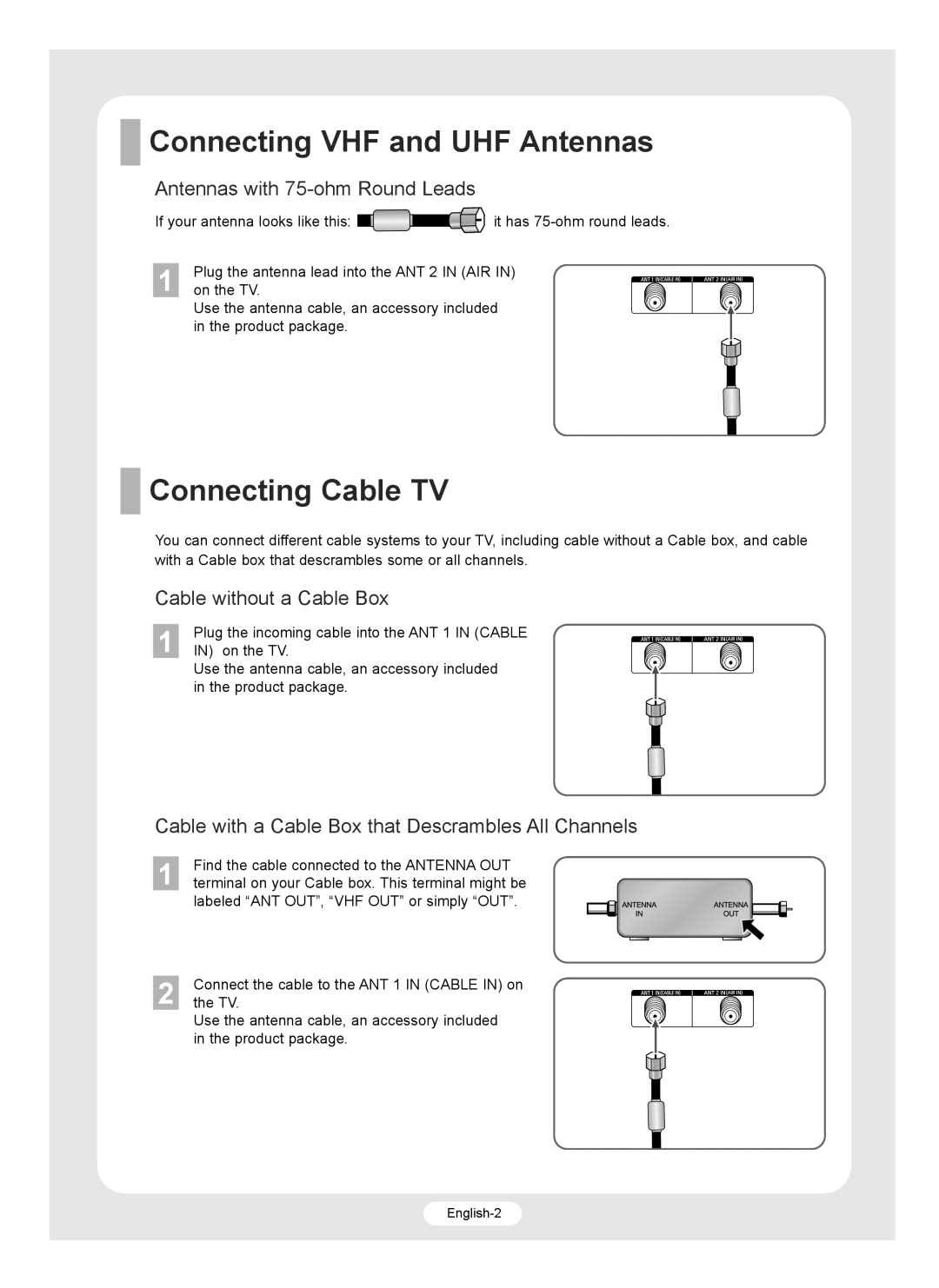 Samsung SP-R4232 manual Connecting VHF and UHF Antennas, Connecting Cable TV, Antennas with 75-ohm Round Leads 