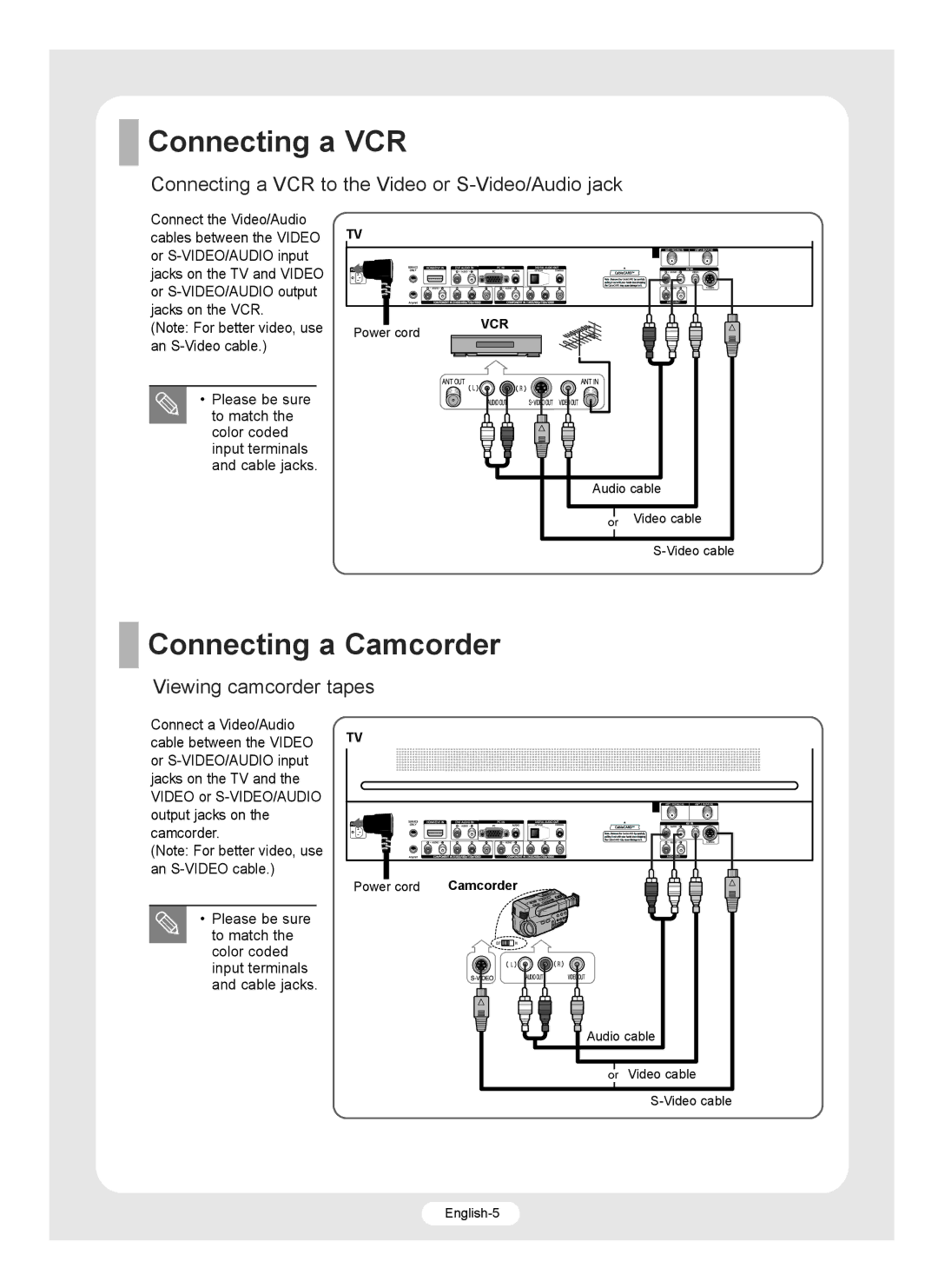 Samsung SP-R4232 Connecting a Camcorder, Connecting a VCR to the Video or S-Video/Audio jack, Viewing camcorder tapes 