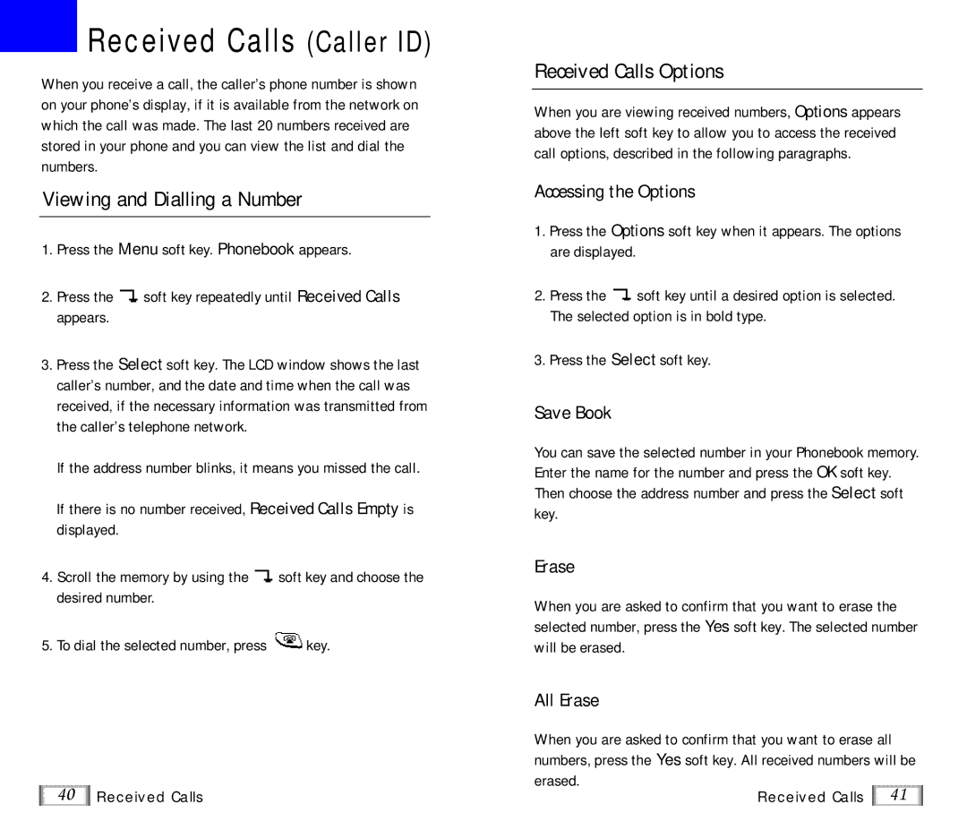 Samsung SP-R6100 Received Calls Caller ID, Viewing and Dialling a Number, Received Calls Options, Save Book, All Erase 