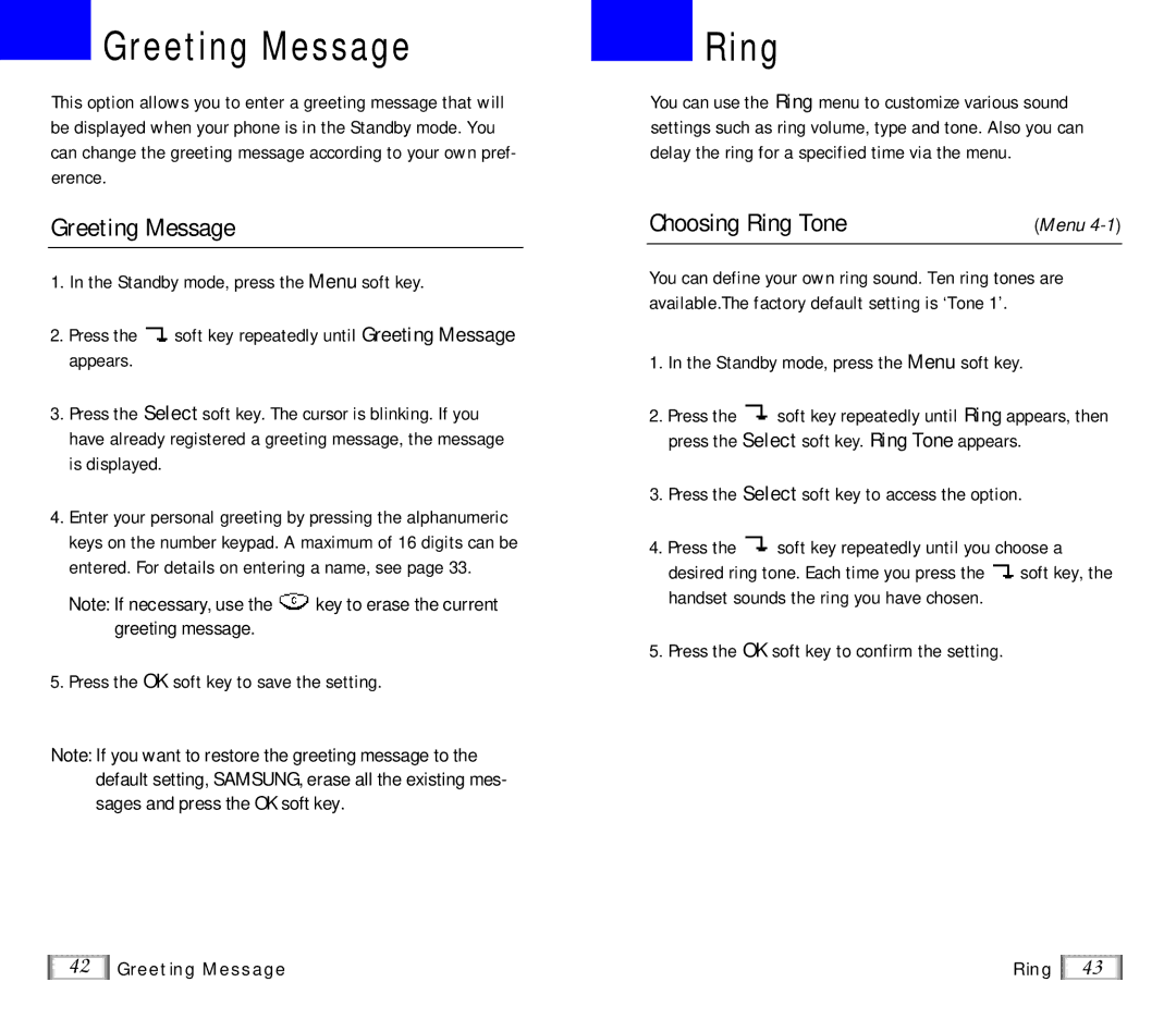 Samsung SP-R6100 user manual Greeting Message, Choosing Ring Tone 