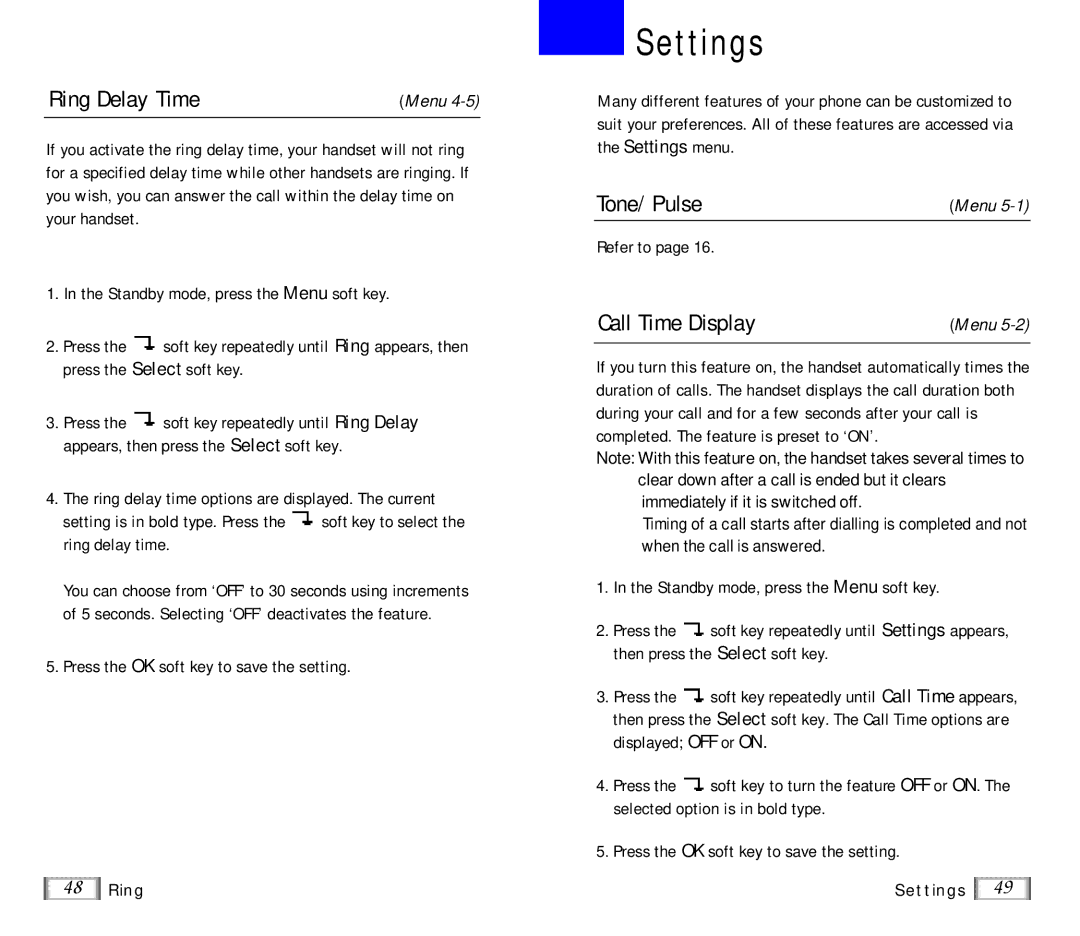 Samsung SP-R6100 user manual Settings, Ring Delay Time, Tone/Pulse, Call Time Display, Refer to 