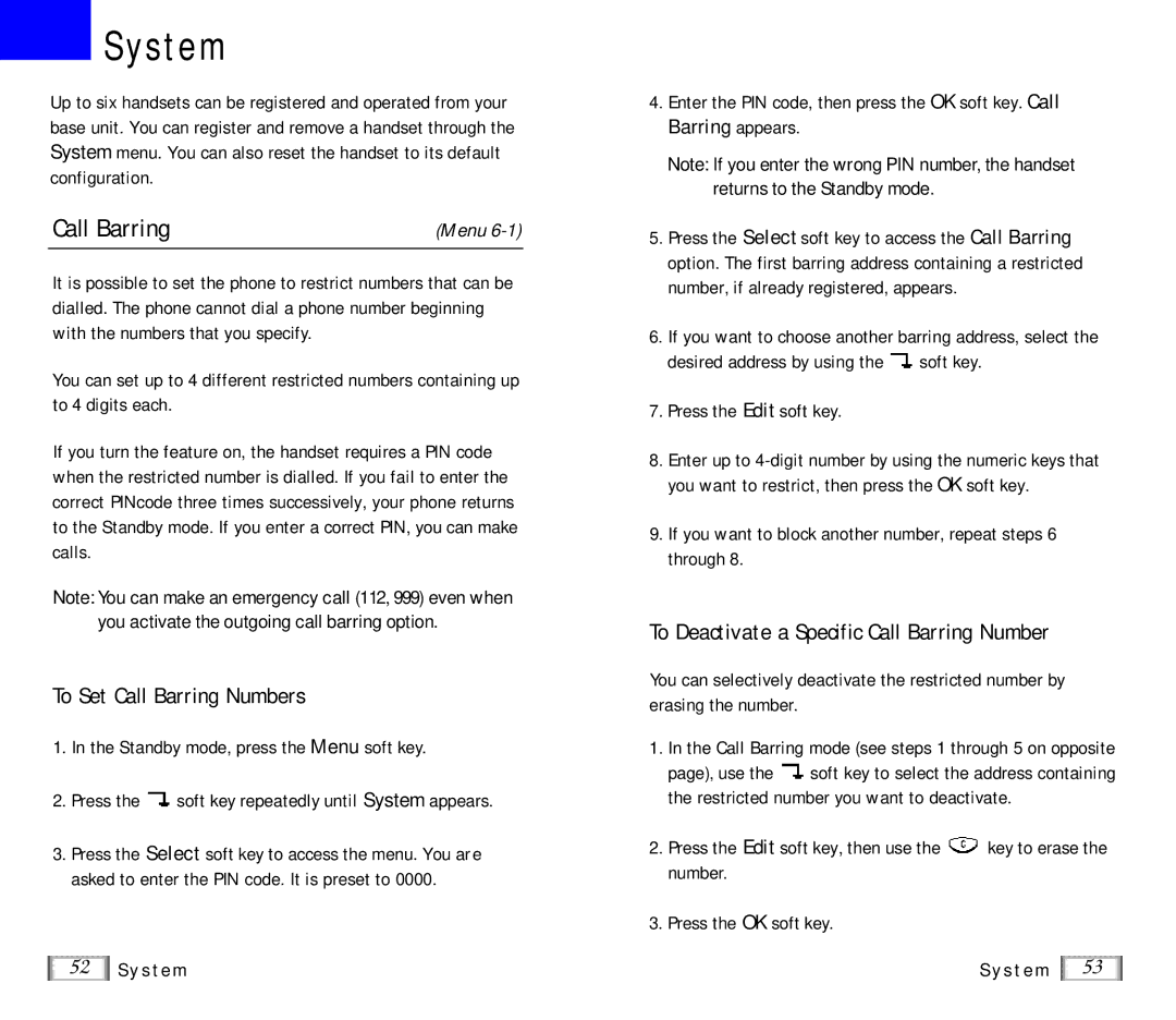 Samsung SP-R6100 user manual System, To Set Call Barring Numbers, To Deactivate a Specific Call Barring Number 