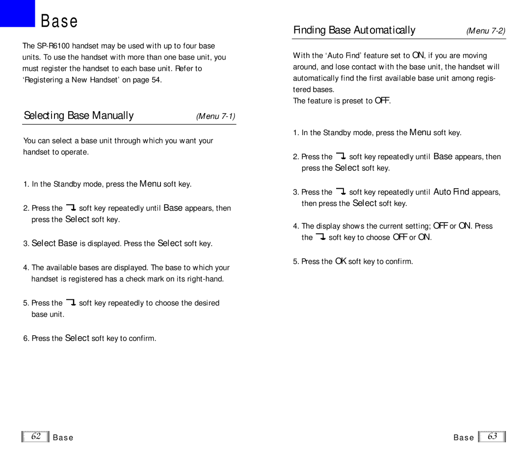 Samsung SP-R6100 user manual Selecting Base Manually, Finding Base Automatically 