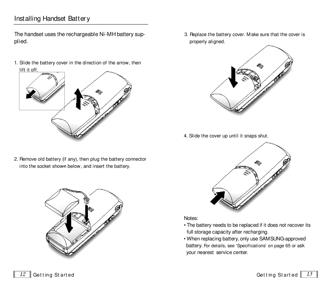 Samsung SP-R6100 user manual Installing Handset Battery, Handset uses the rechargeable Ni-MH battery sup- plied 