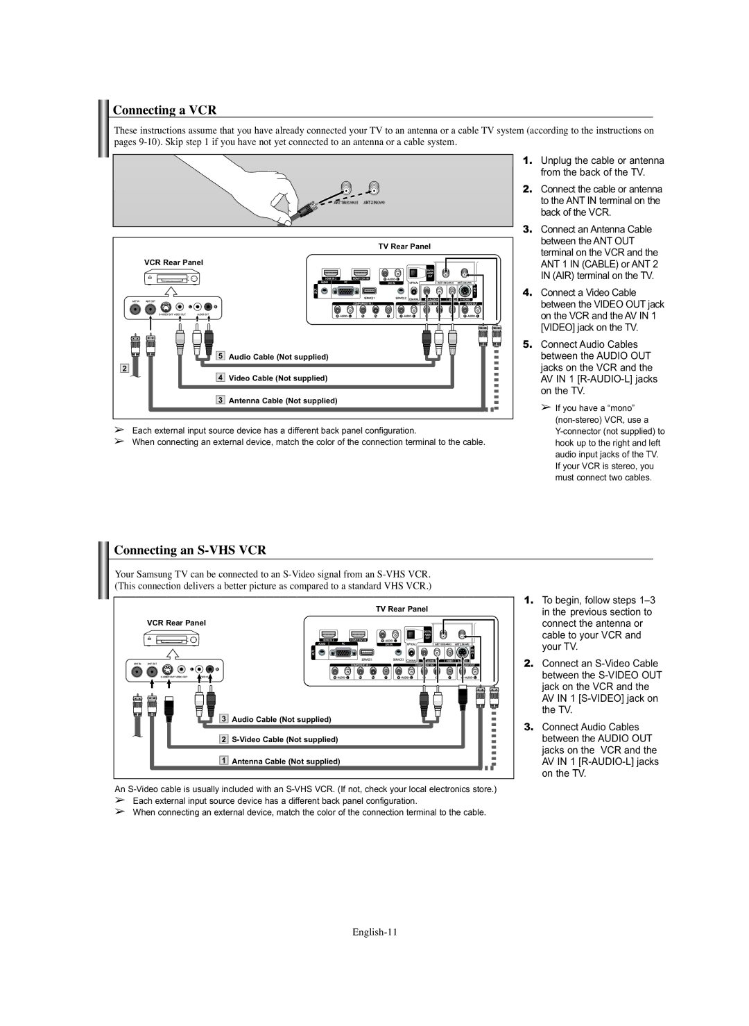 Samsung SP-S4243 manual Connecting a VCR, Connecting an S-VHS VCR, English-11 