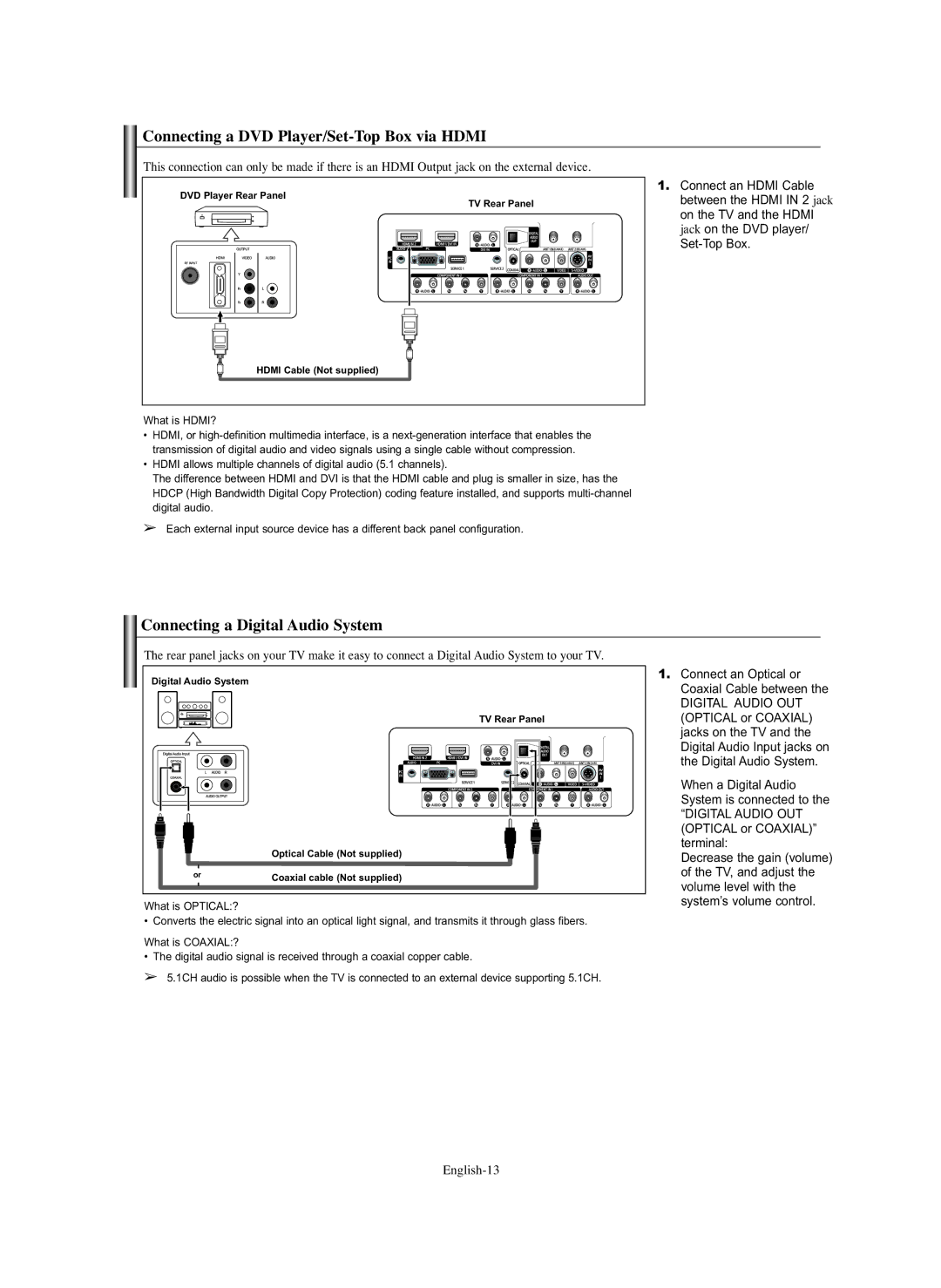 Samsung SP-S4243 manual Connecting a DVD Player/Set-Top Box via Hdmi, Connecting a Digital Audio System, English-13 