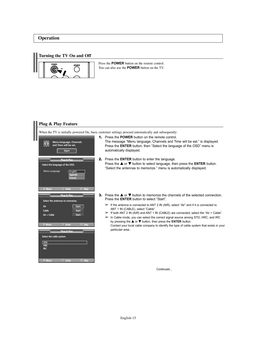 Samsung SP-S4243 manual Operation, Turning the TV On and Off, Plug & Play Feature, English-15 