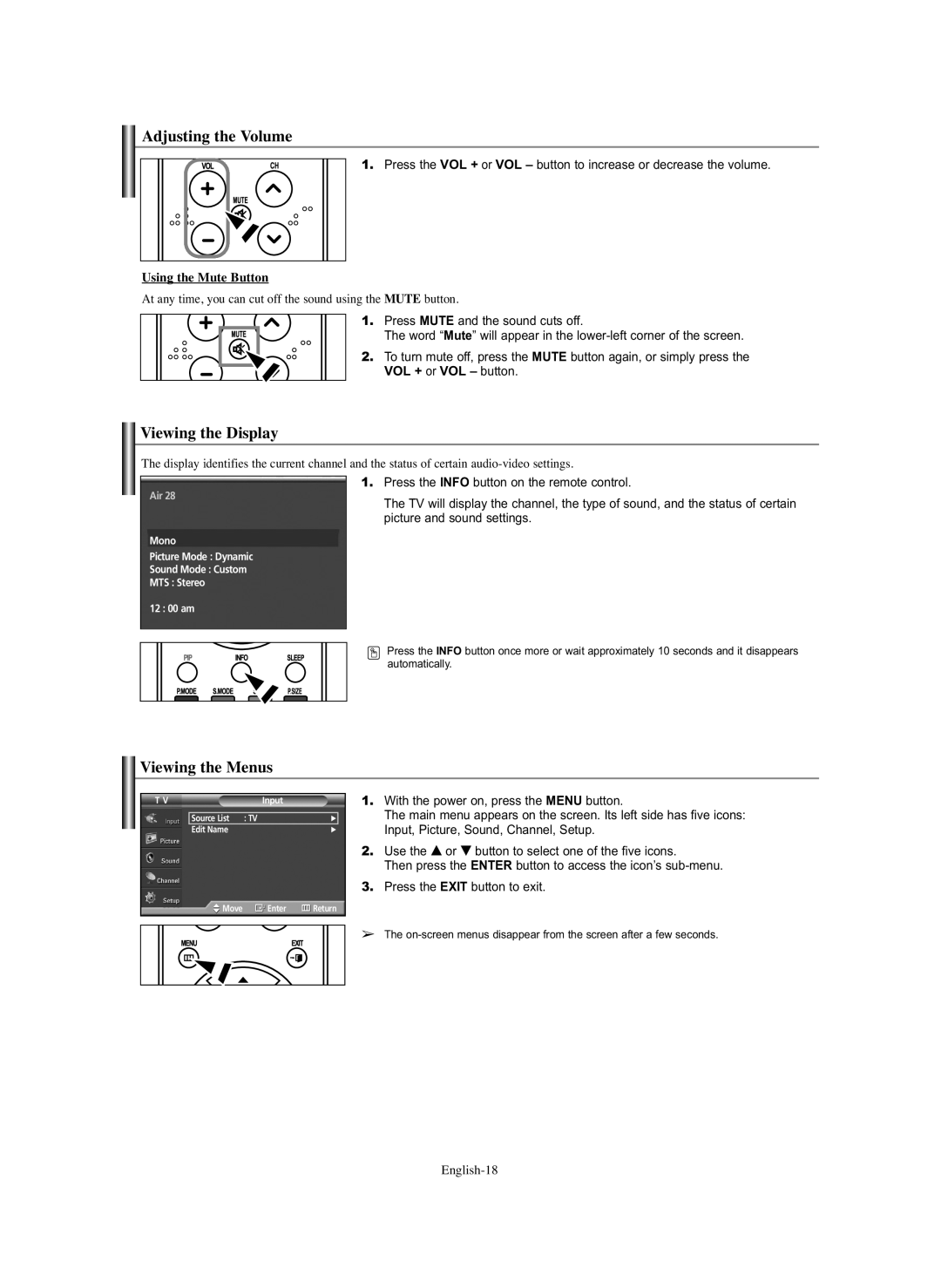 Samsung SP-S4243 manual Adjusting the Volume, Viewing the Display, Viewing the Menus, Using the Mute Button, English-18 