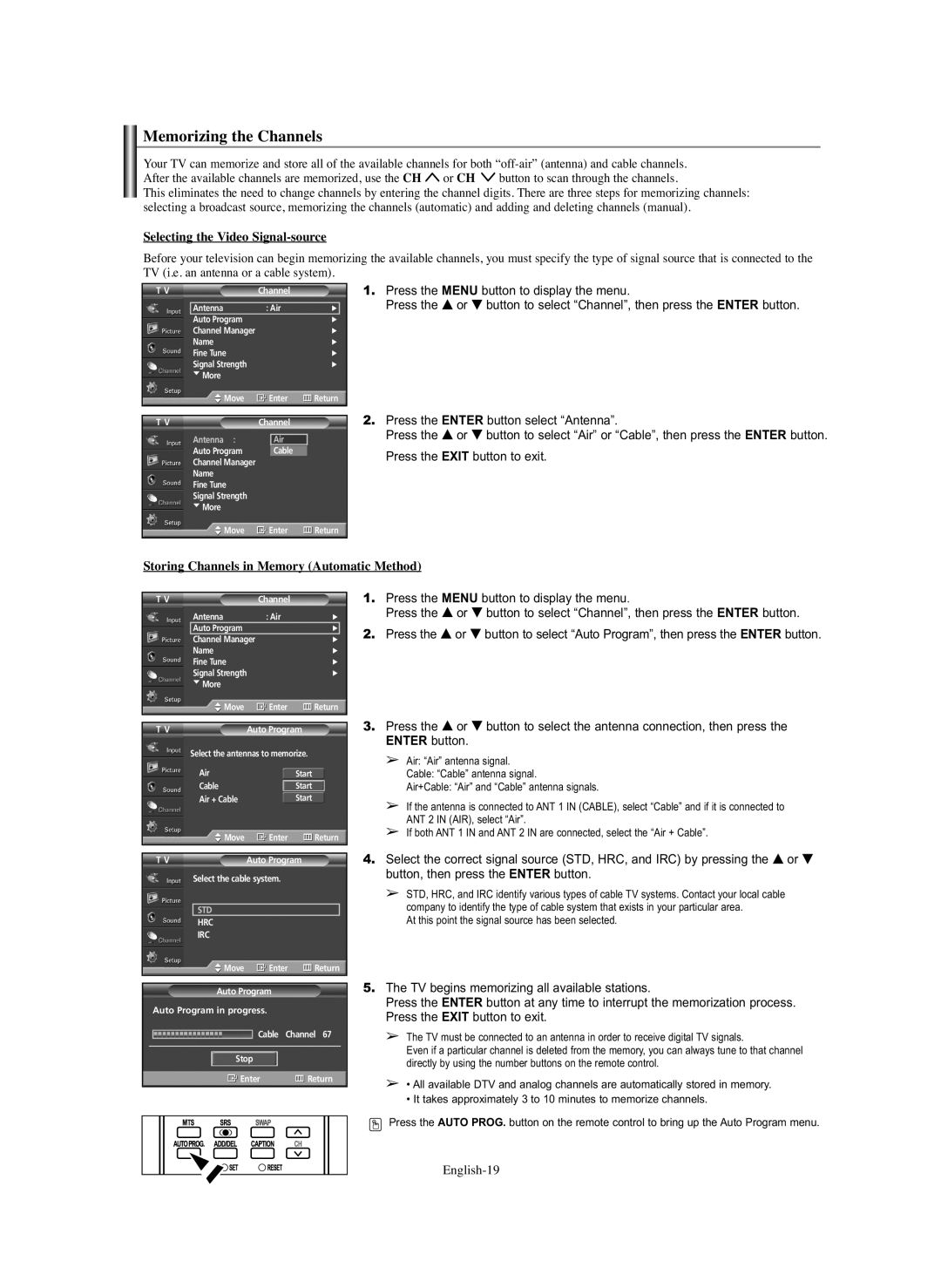 Samsung SP-S4243 Memorizing the Channels, Selecting the Video Signal-source, Storing Channels in Memory Automatic Method 