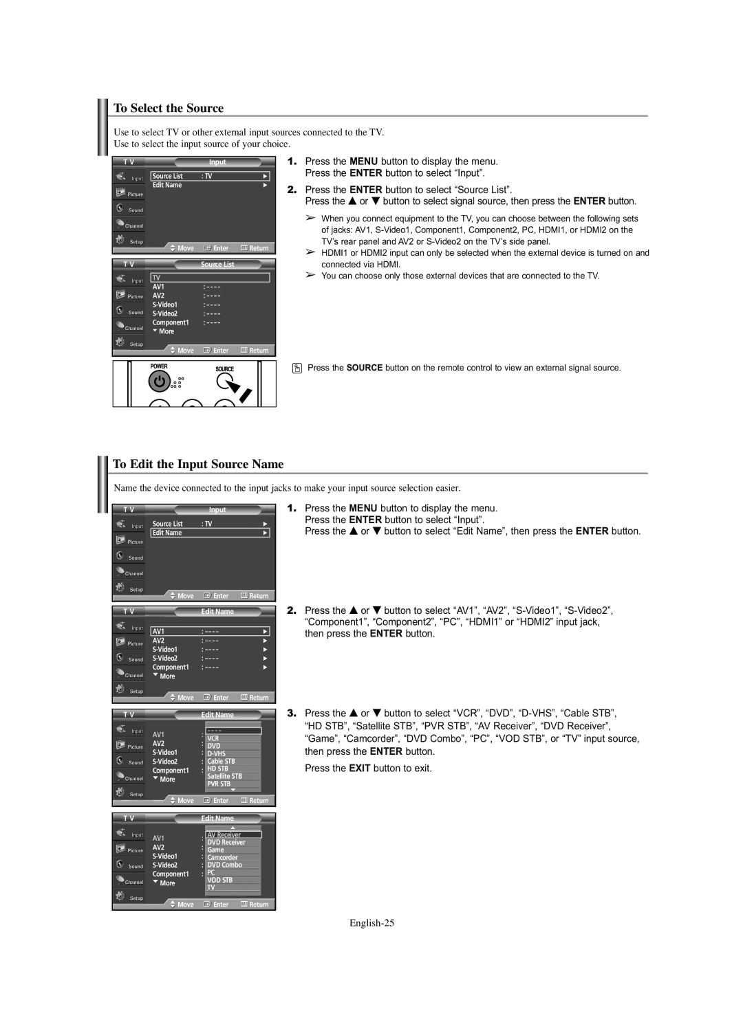 Samsung SP-S4243 manual To Select the Source, To Edit the Input Source Name, English-25 