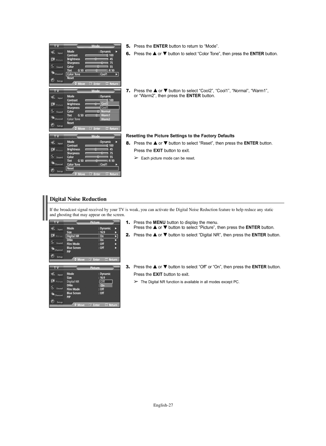 Samsung SP-S4243 manual Digital Noise Reduction, Resetting the Picture Settings to the Factory Defaults, English-27 