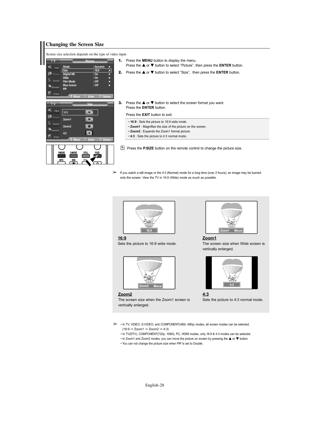 Samsung SP-S4243 manual Changing the Screen Size, 169, Zoom2, Zoom1, English-28 