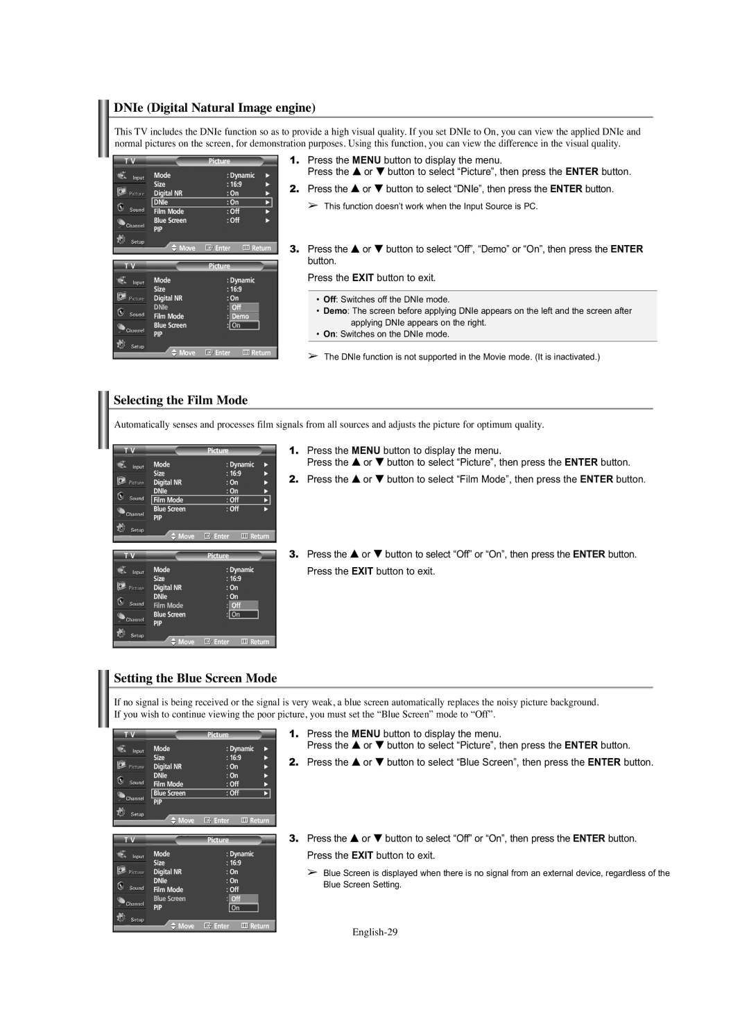 Samsung SP-S4243 DNIe Digital Natural Image engine, Selecting the Film Mode, Setting the Blue Screen Mode, English-29 