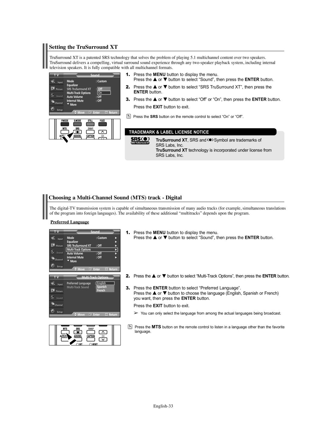 Samsung SP-S4243 manual Setting the TruSurround XT, Choosing a Multi-Channel Sound MTS track Digital, Preferred Language 