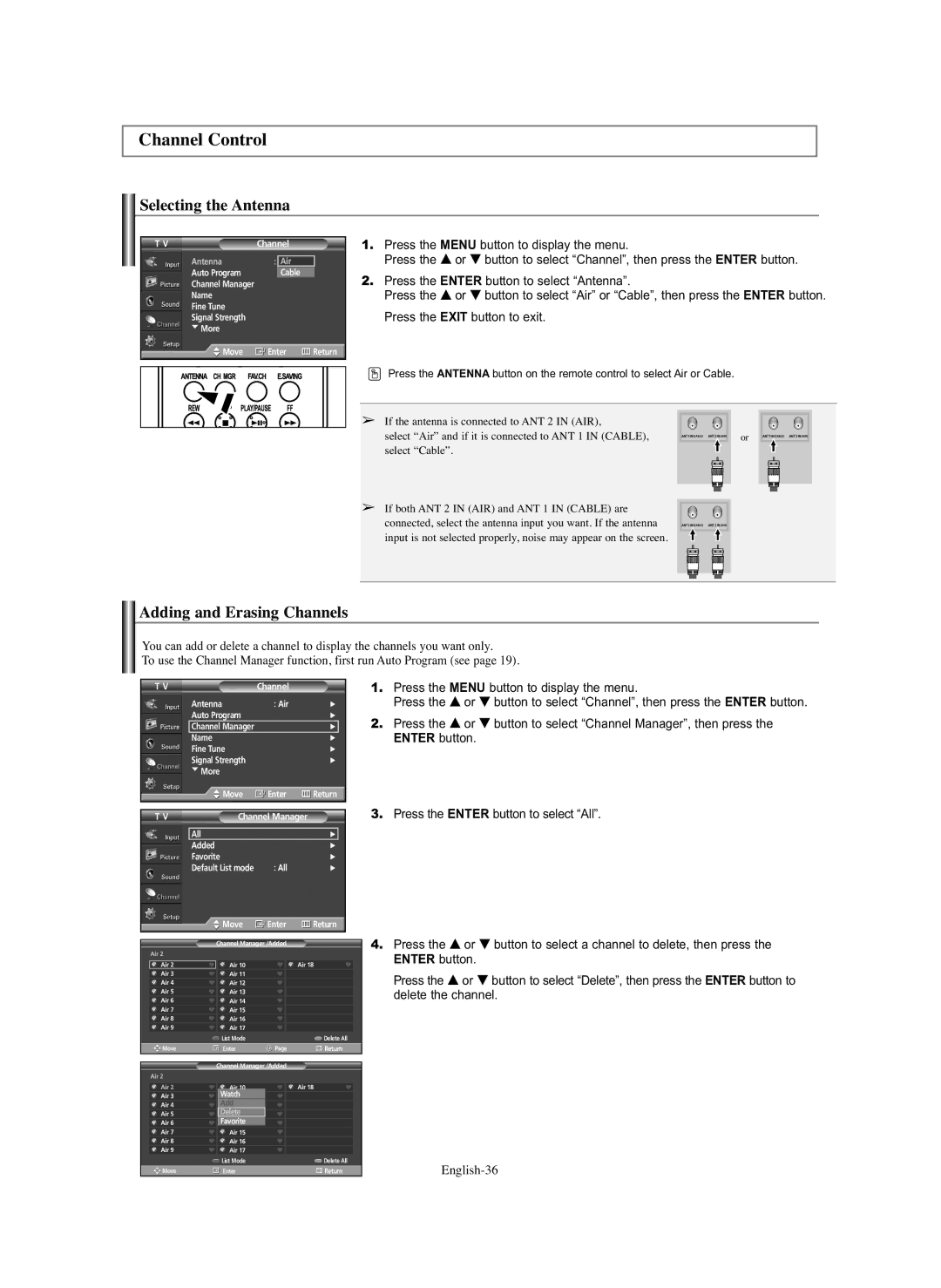 Samsung SP-S4243 manual Channel Control, Selecting the Antenna, Adding and Erasing Channels, English-36 